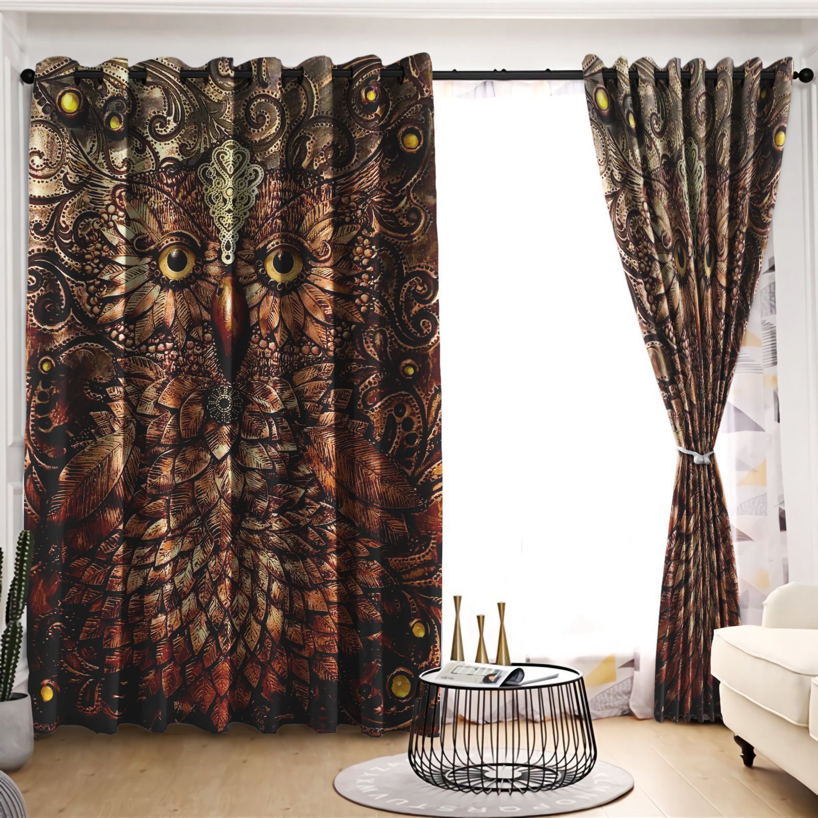 Paisley Design Brown Background Owl Printed Window Curtain Home Decor