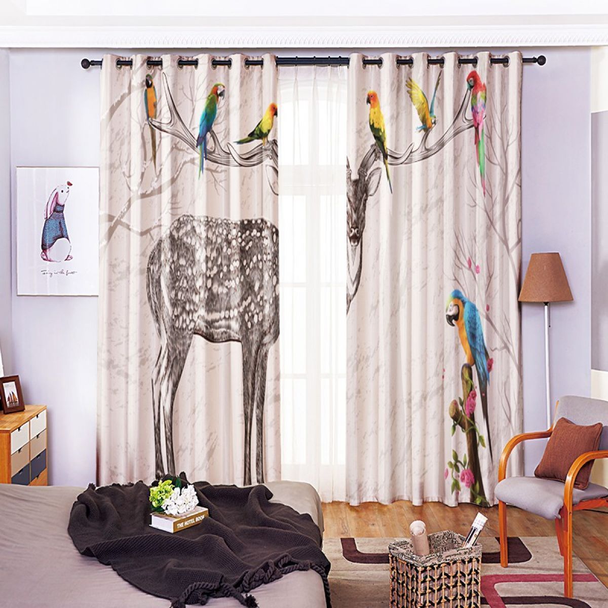 Parrots And Gray Deer Printed Window Curtain Home Decor