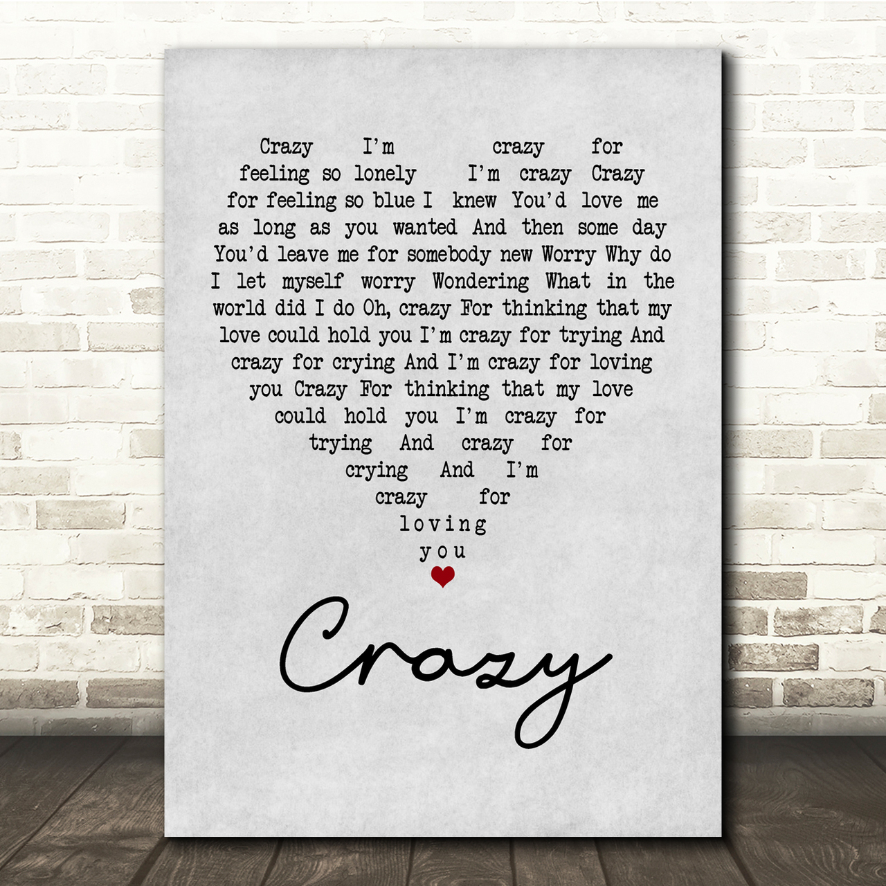 Patsy Cline Crazy Grey Heart Song Lyric Quote Print