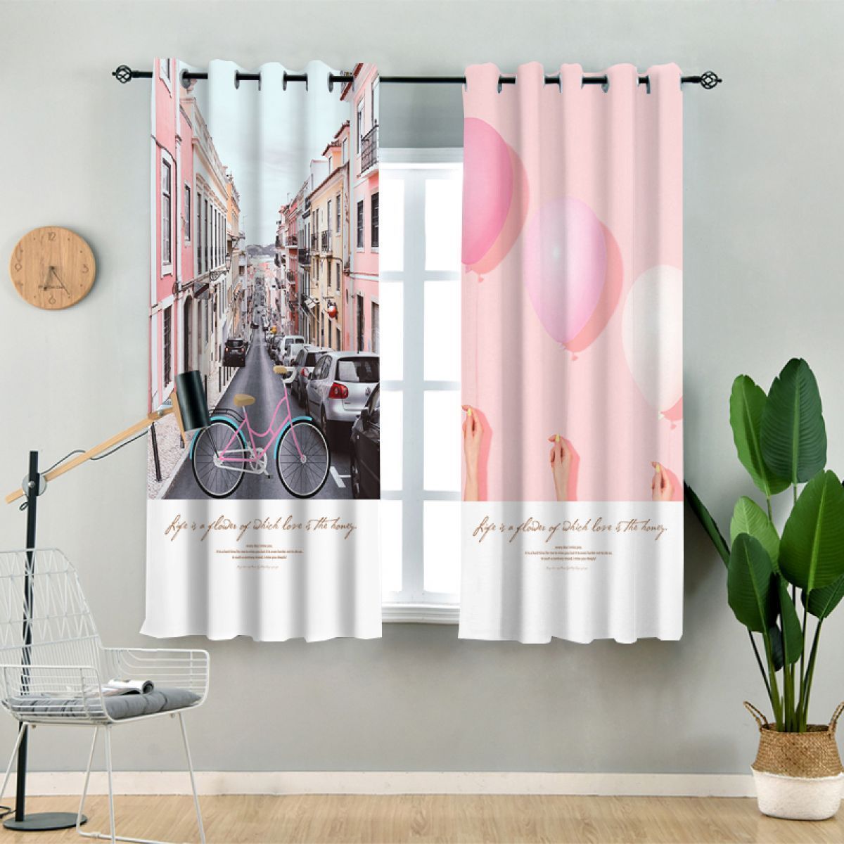 Peaceful Street Balloon Pink Printed Window Curtain Home Decor
