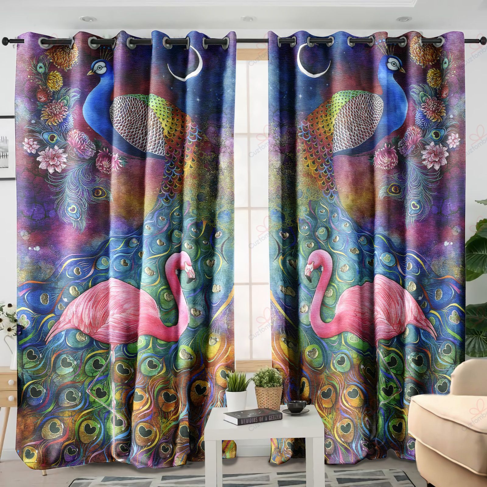 Peacock And Flamingo Printed Window Curtain Home Decor