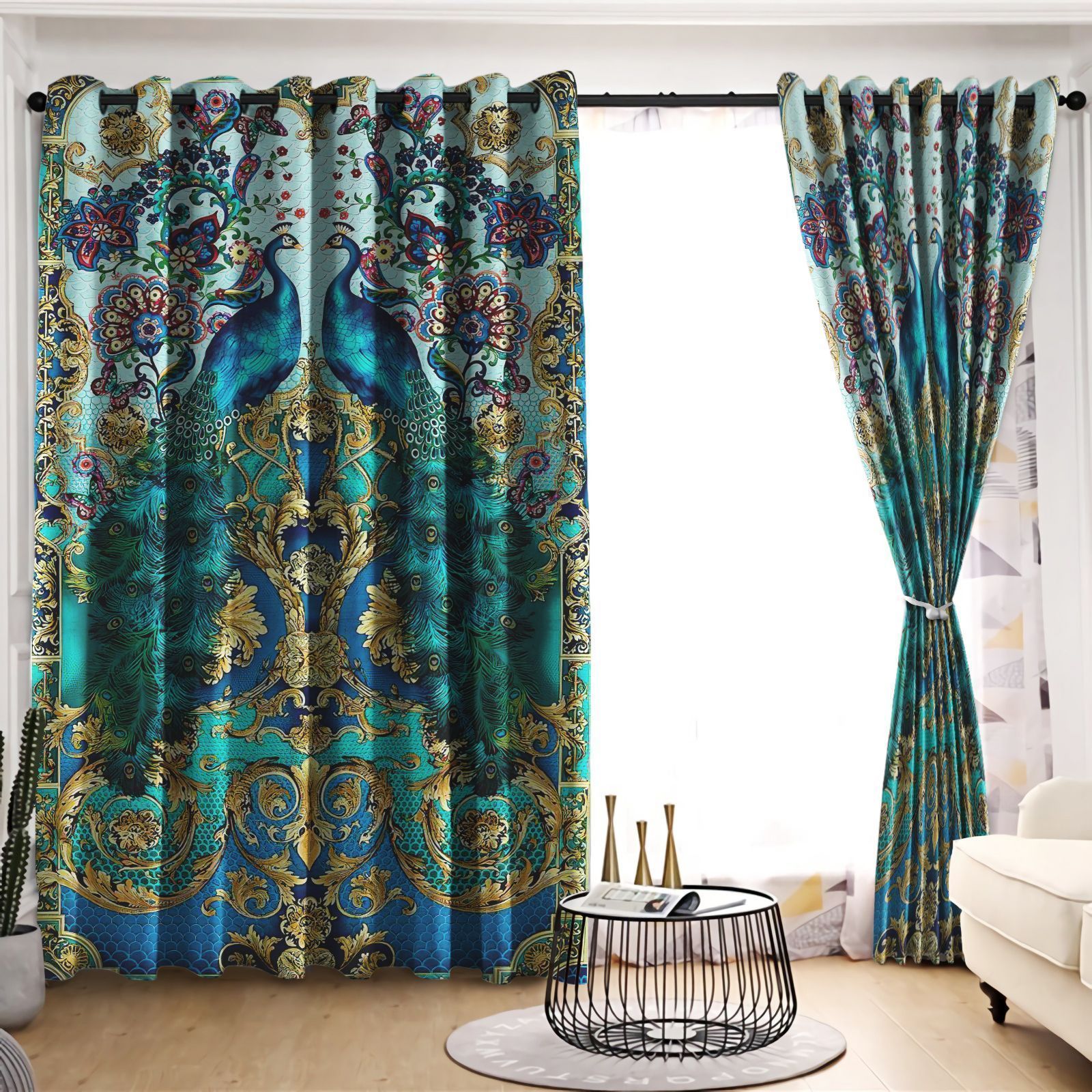 Peacock Gold Paisley Design Printed Window Curtain Home Decor