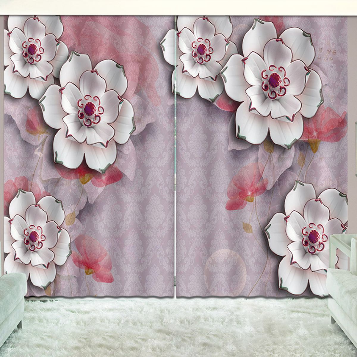 Peonies On Grey Background Printed Window Curtain Home Decor