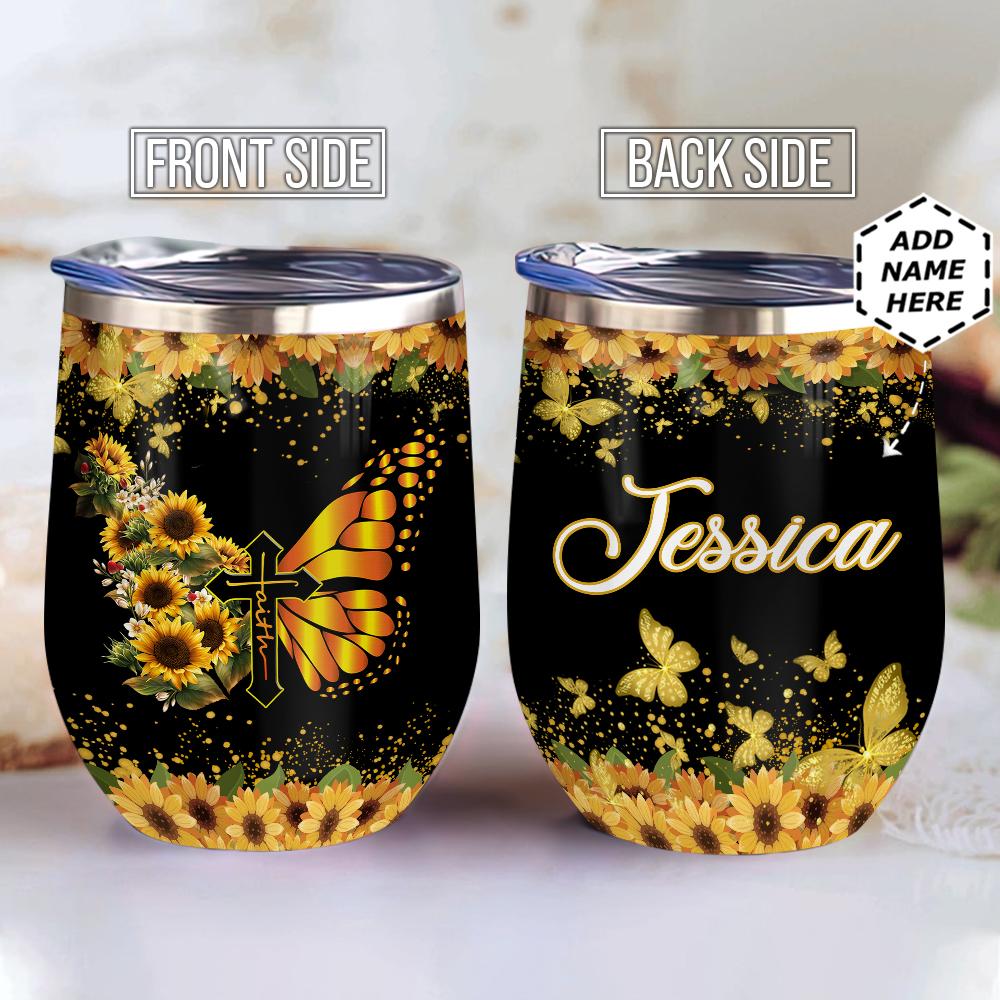 Personalized Butterfly Sunflower Faith Wine Tumbler