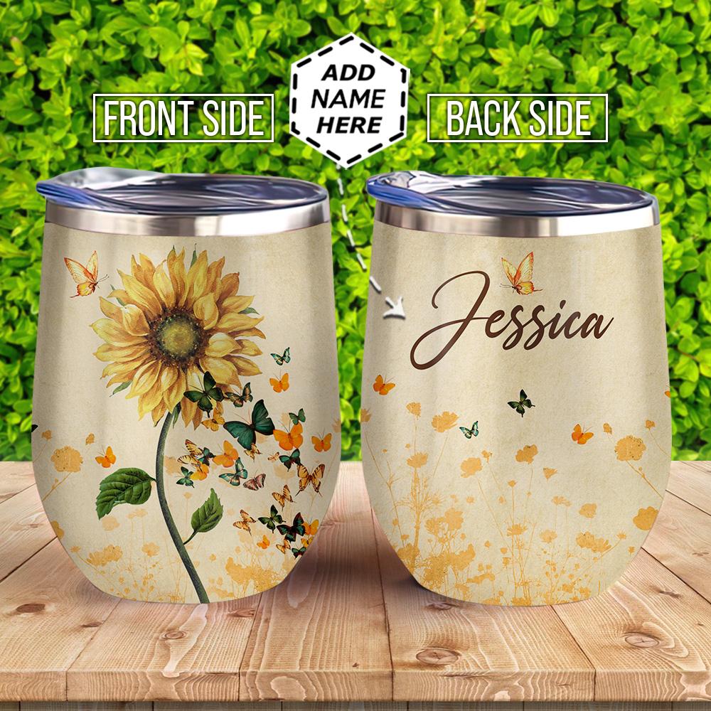 Personalized Butterfly Sunflower Wine Tumbler