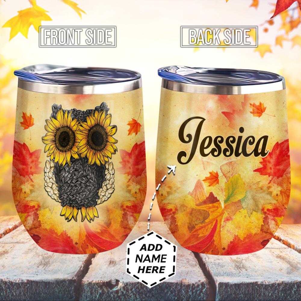 Personalized Owl Sunflower Fall Wine Tumbler
