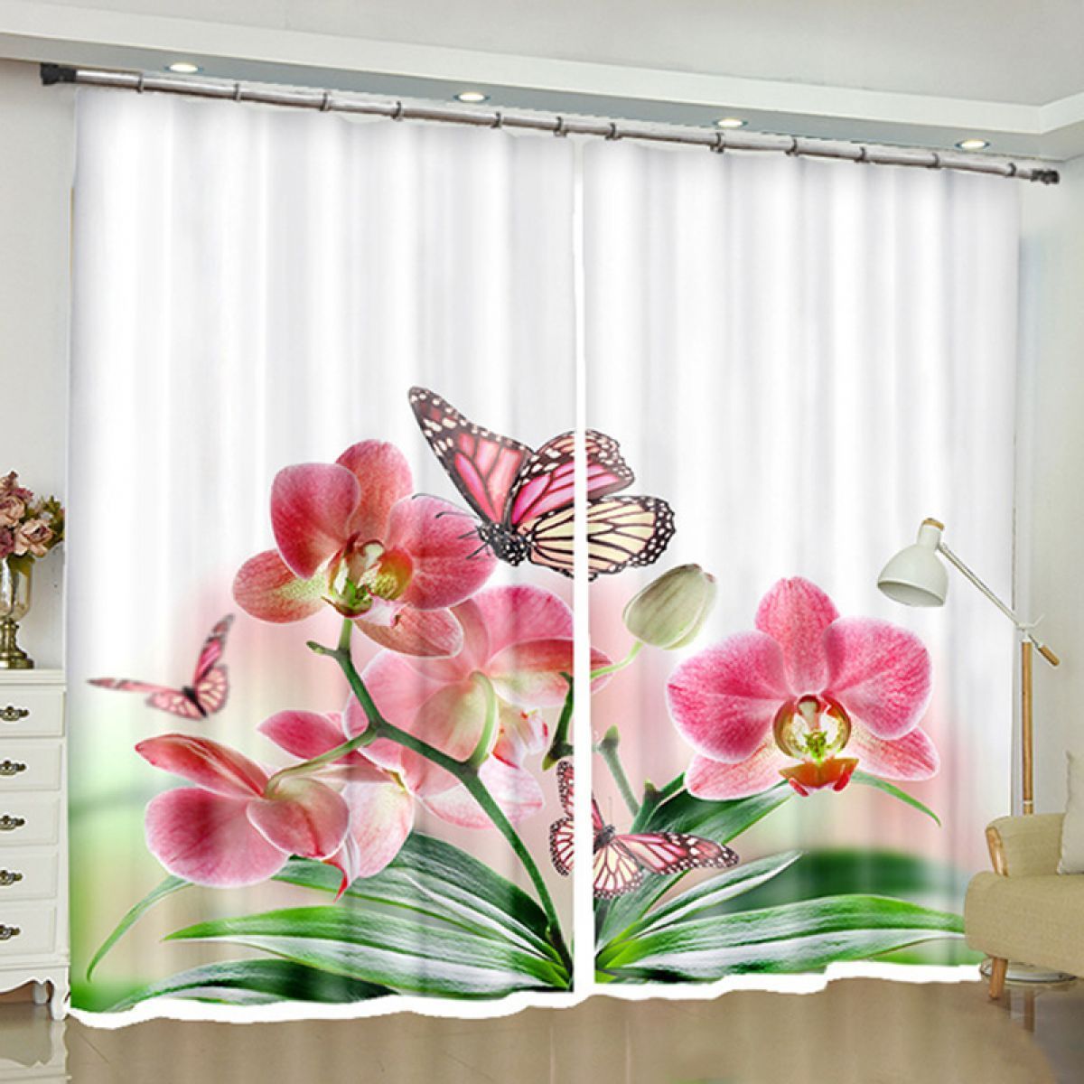 Phalaenopsis And Butterflies Printed Window Curtain Home Decor