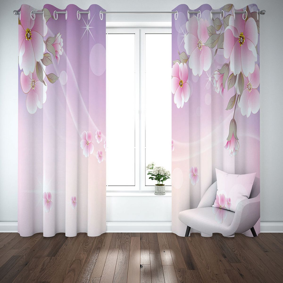 Pink Blossoms Light Purple Background Printed Window Curtain Home Decor