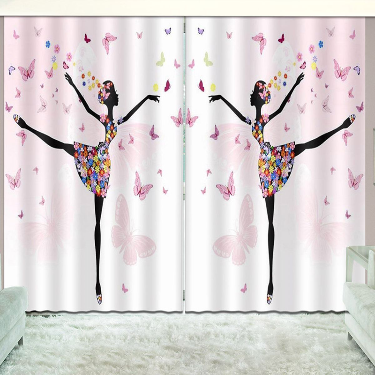 Pink Dancing Woman And Butterflies Printed Window Curtain Home Decor