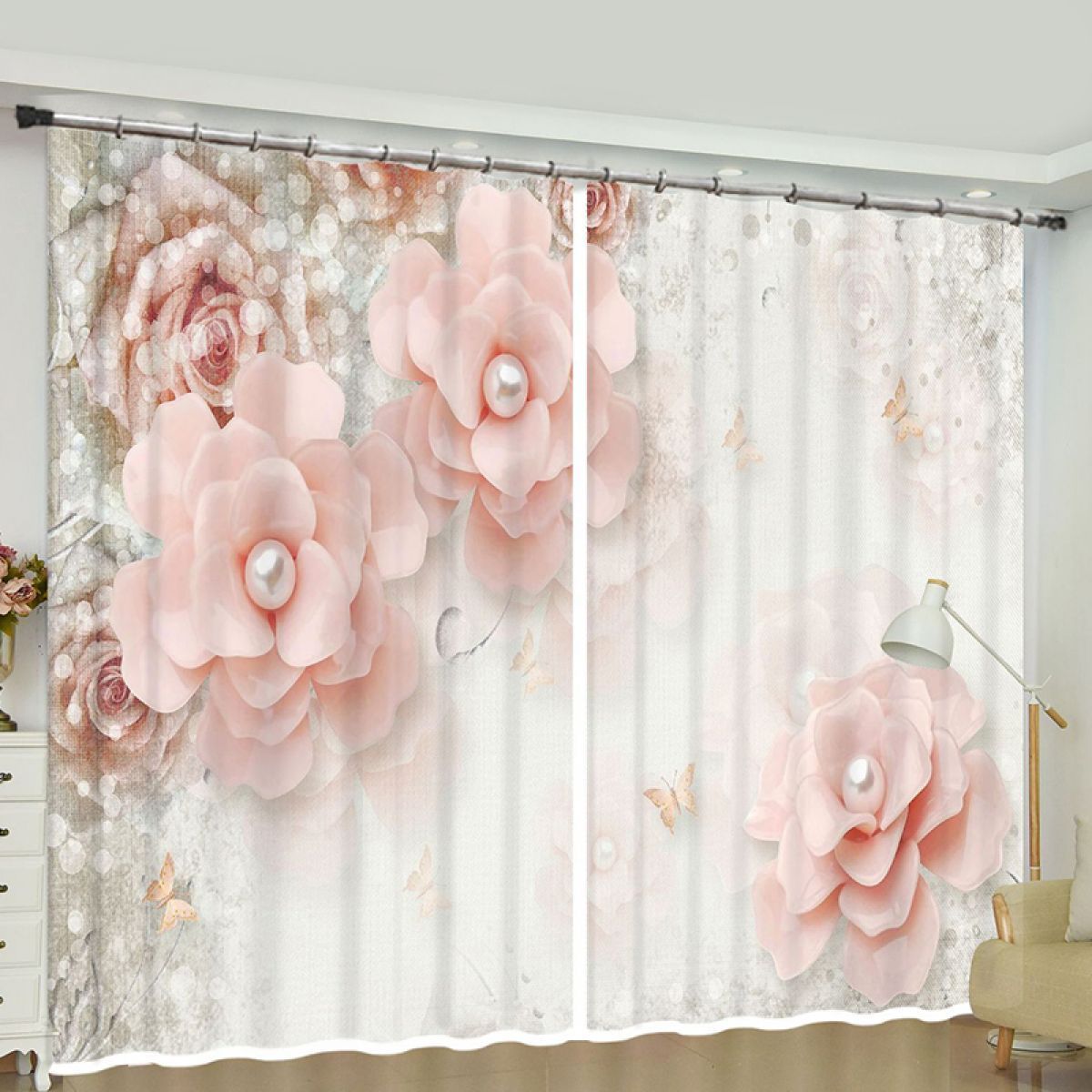 Pink Floral With Pearls Printed Window Curtain Home Decor