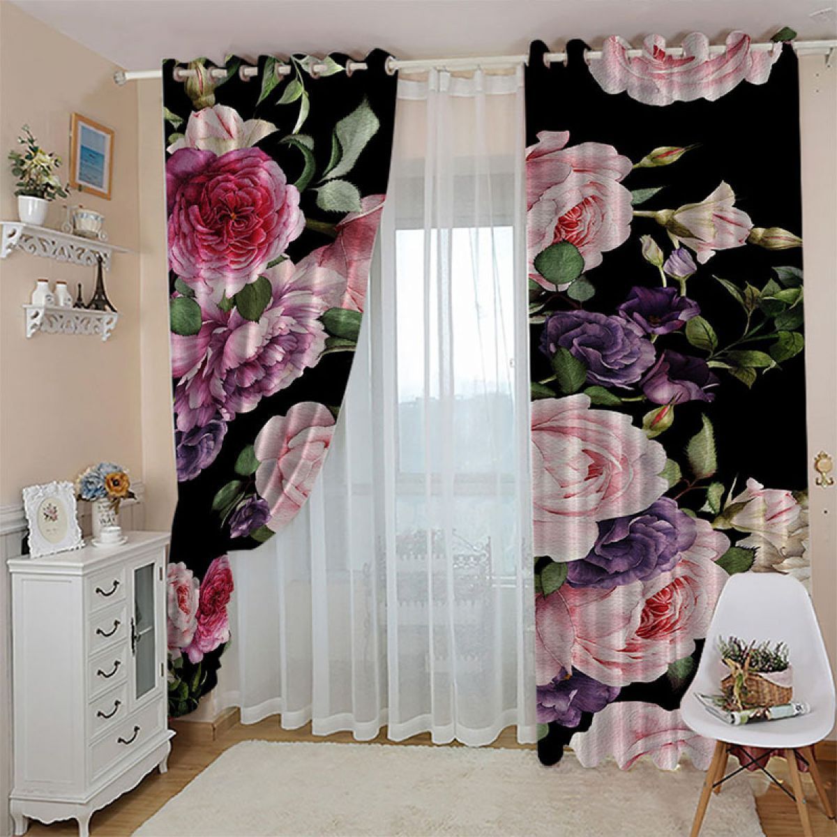 Pink Flowers Blooms Black Background Printed Window Curtain Home Decor