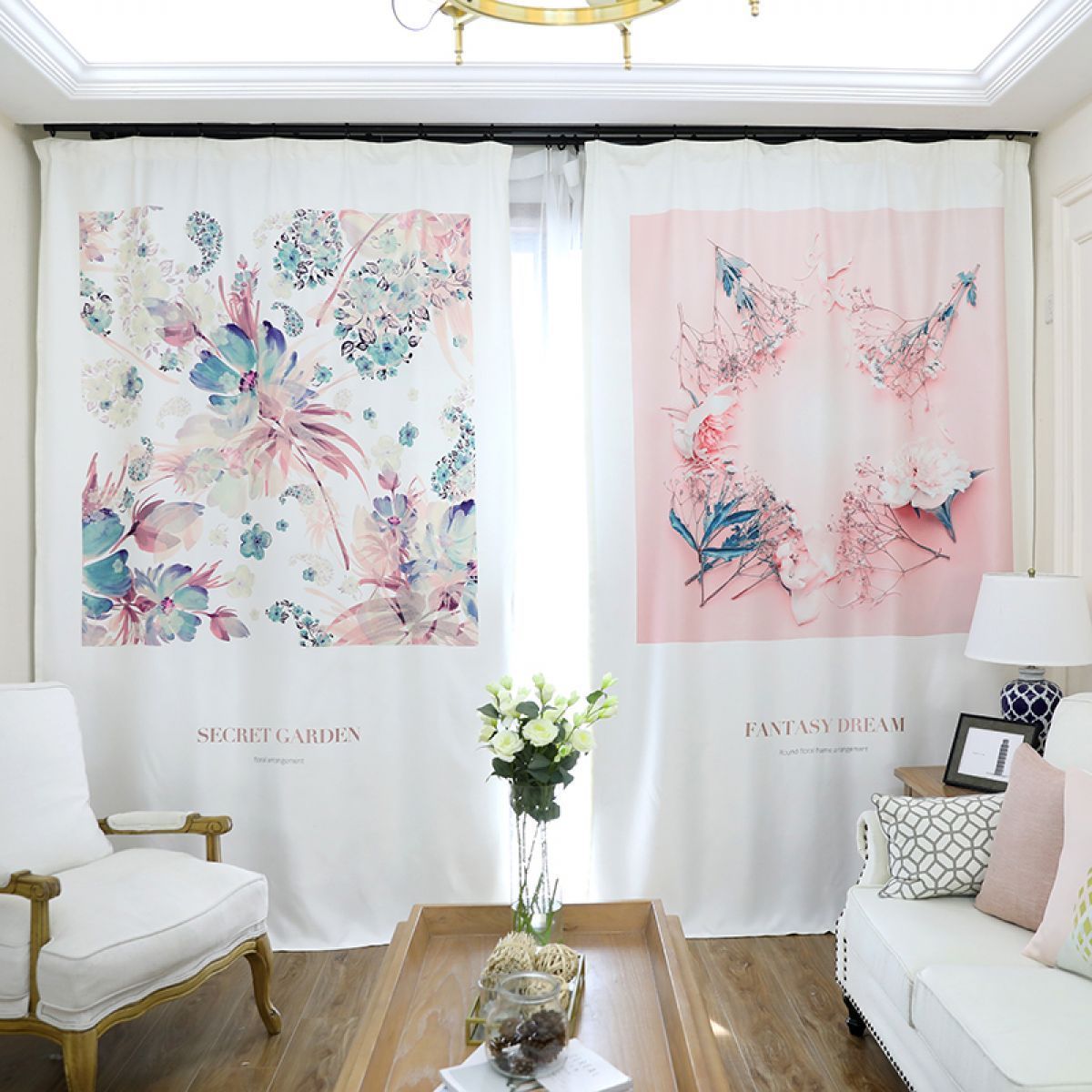 Pink Flowers In White Printed Window Curtain Home Decor