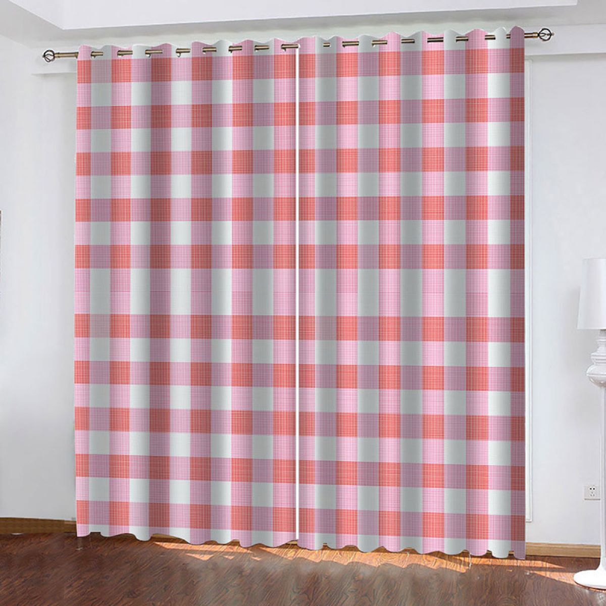 Pink Gingham Drawing Printed Window Curtain Home Decor