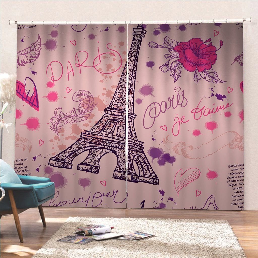 Pink Paris Eiffel Tower Feathers Flowers Printed Window Curtain
