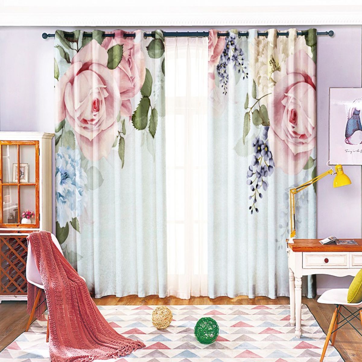Pink Rose On Grey Background Printed Window Curtain Home Decor