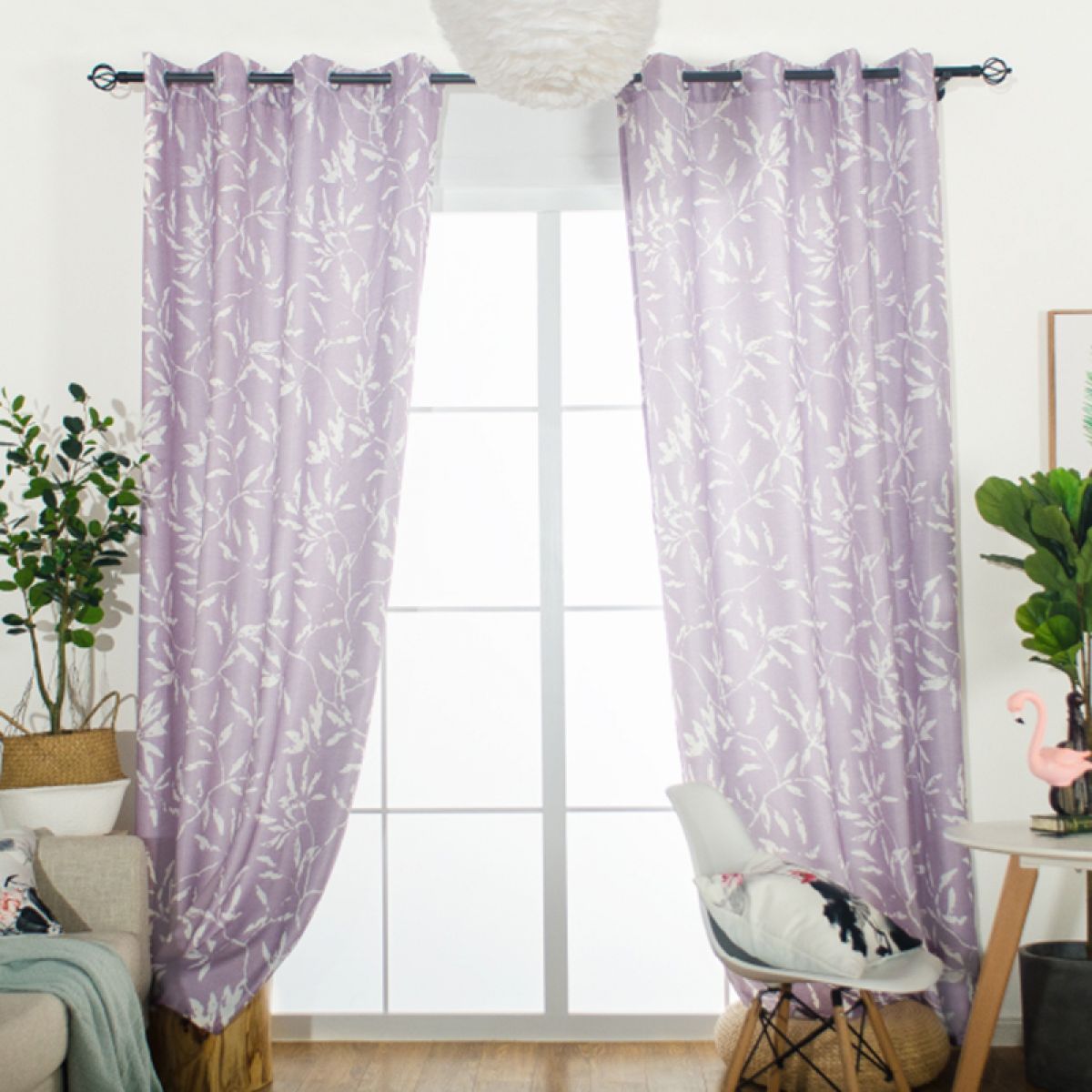 Plant Light Purple And White Background Printed Window Curtain Home Decor
