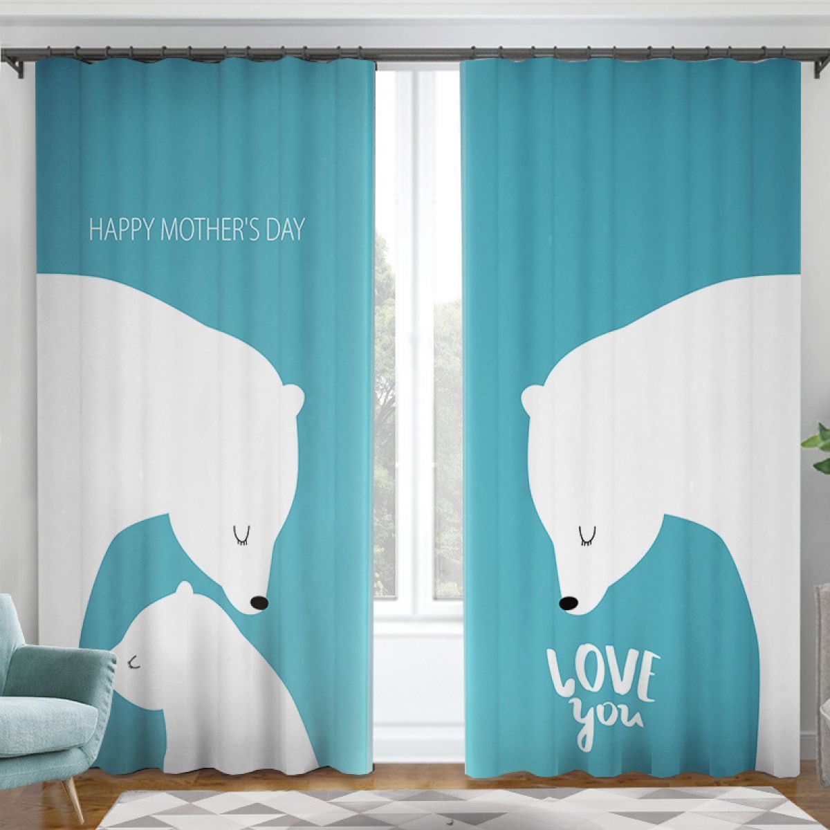 Polar Bear Happy Mother's Day Printed Window Curtain Home Decor