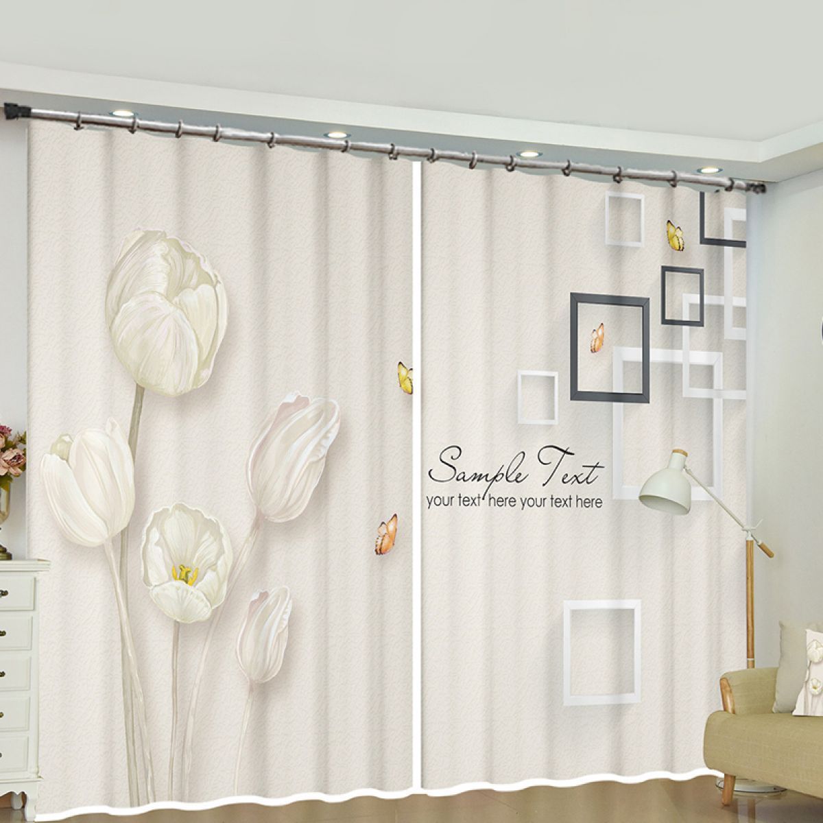 Poppies And Squares Printed Window Curtain Home Decor