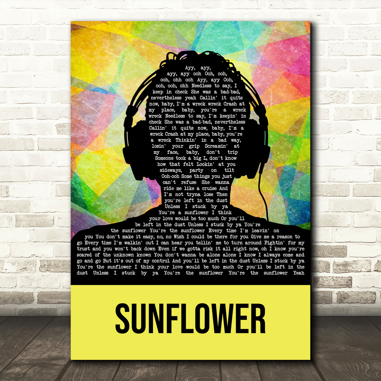 Post Malone & Swae Lee Sunflower Multicolour Man Headphones Song Lyric Wall Art Print