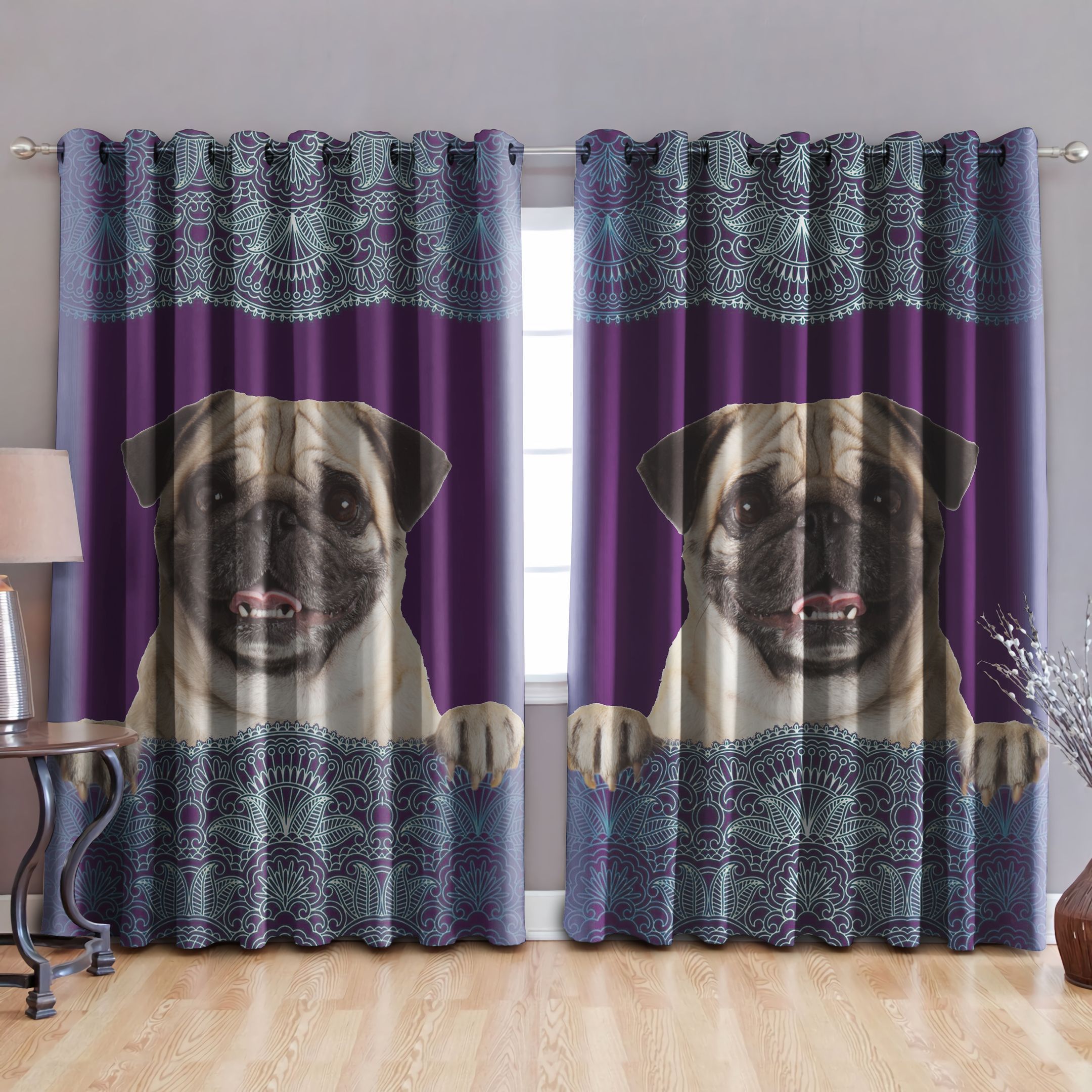 Pug Mandala Design Purple Printed Window Curtain Home Decor