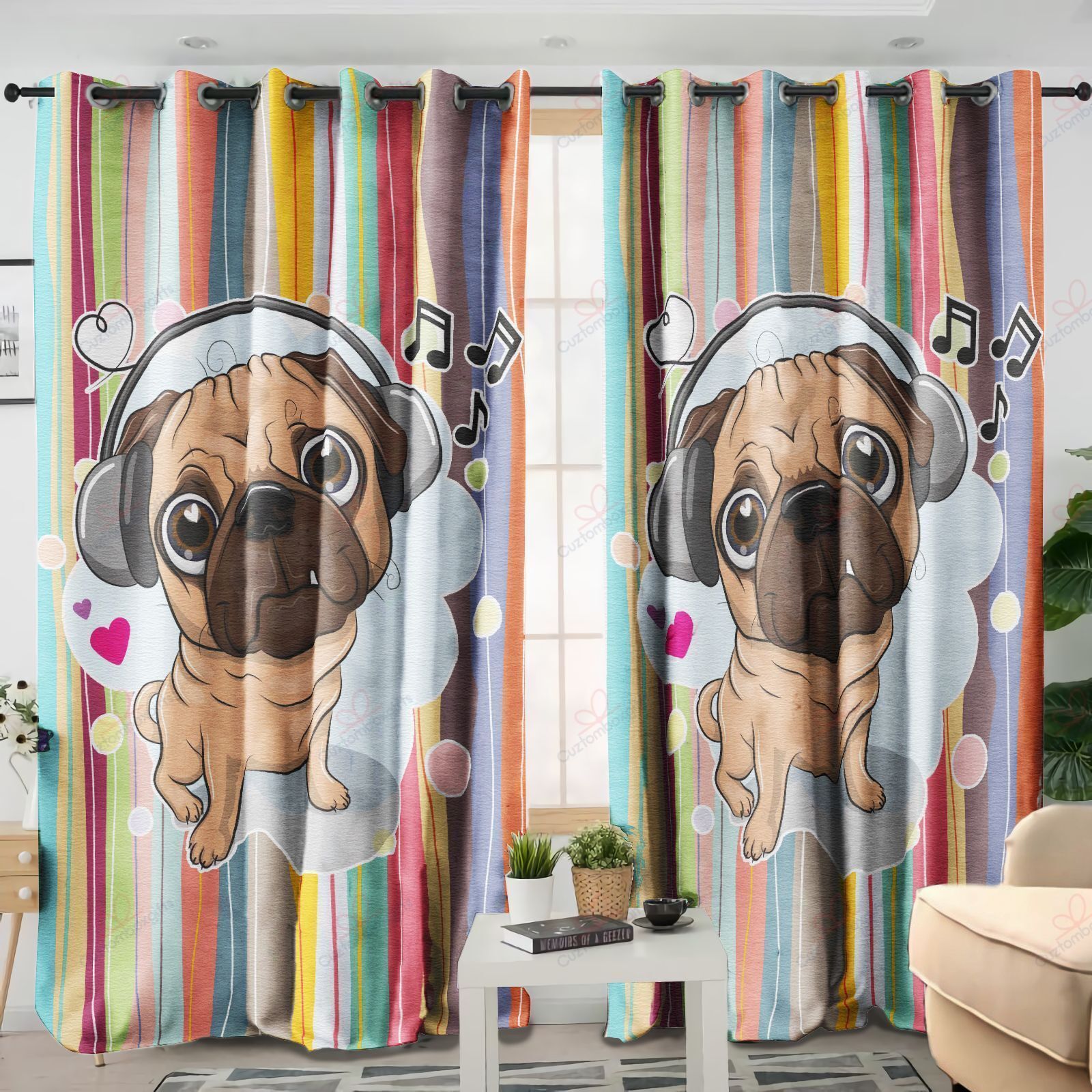 Pug Musik Printed Window Curtain Home Decor