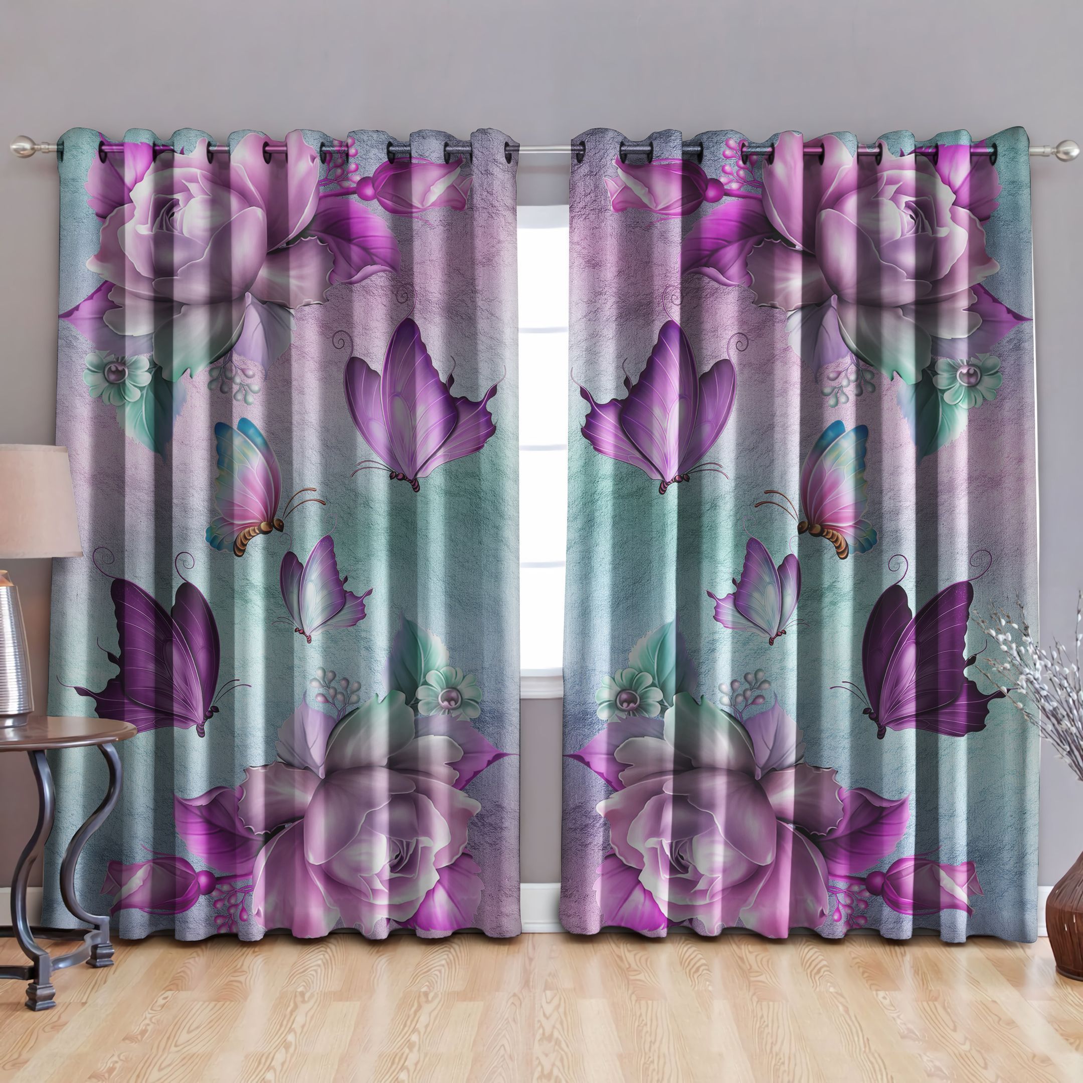 Purple Buterfly Rose Flower Printed Window Curtain Home Decor
