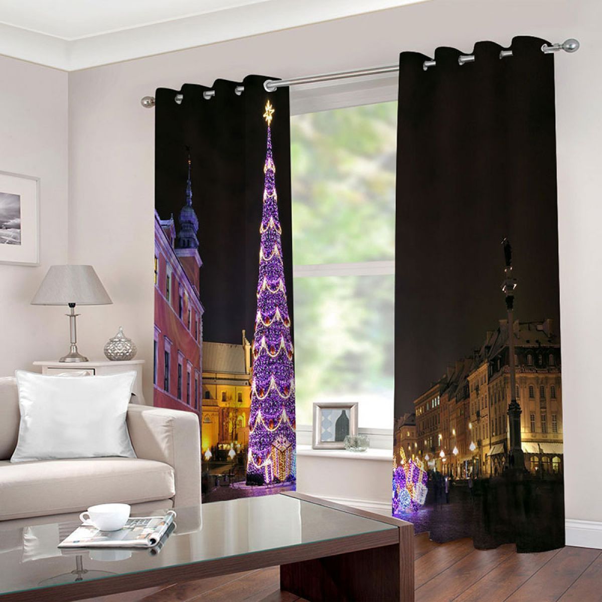 Purple Christmas Tree At Night Printed Window Curtain Home Decor