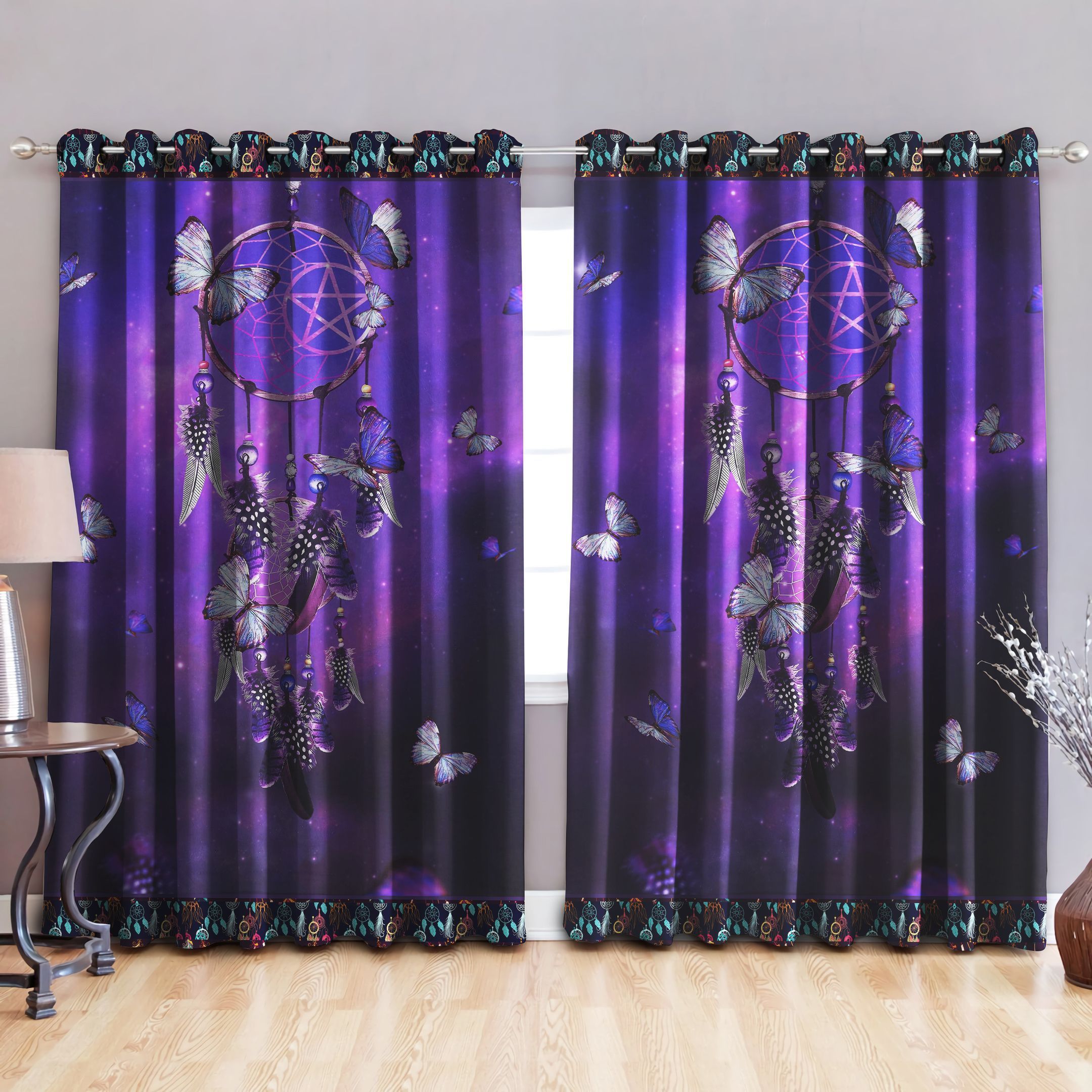 Purple Galaxy Dreamcatcher Butterfly Printed Window Curtain Home Decor