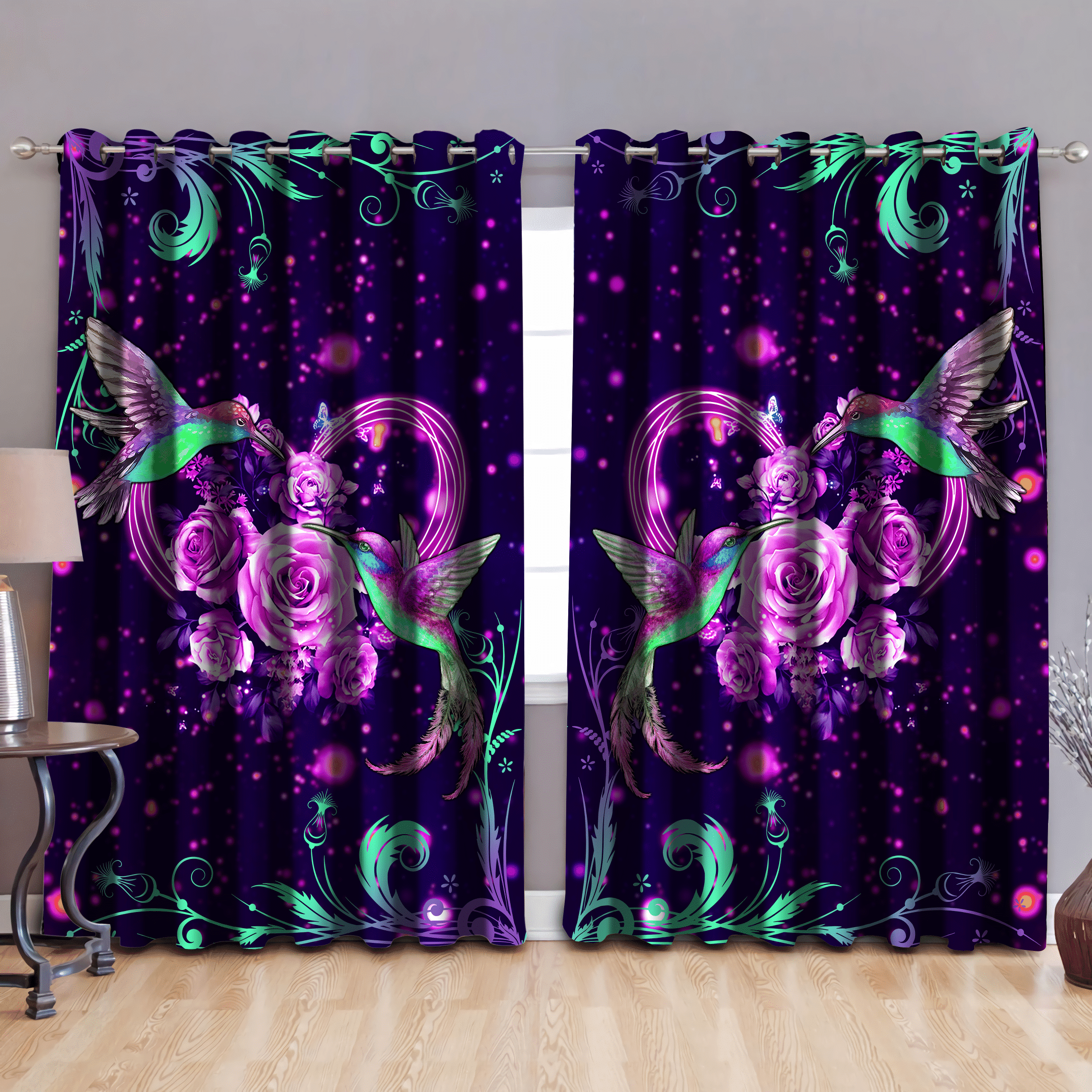 Purple Loving Hummingbird And Rose Printed Window Curtain