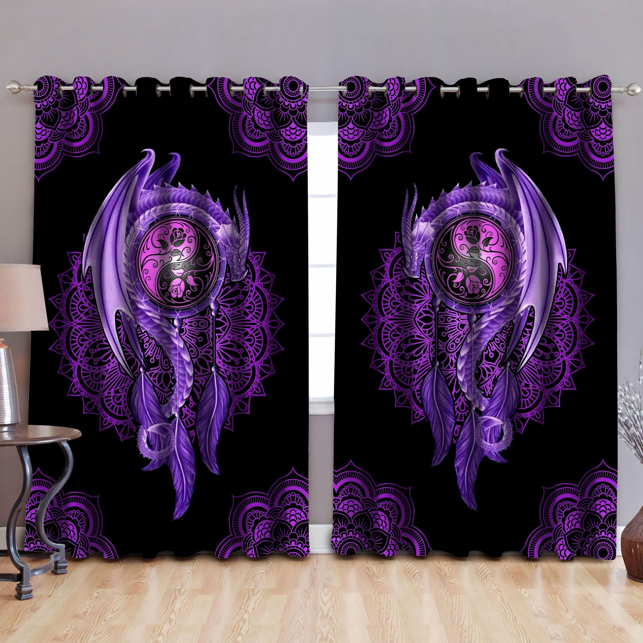 Purple Mandala Dragon Art Printed Window Curtain