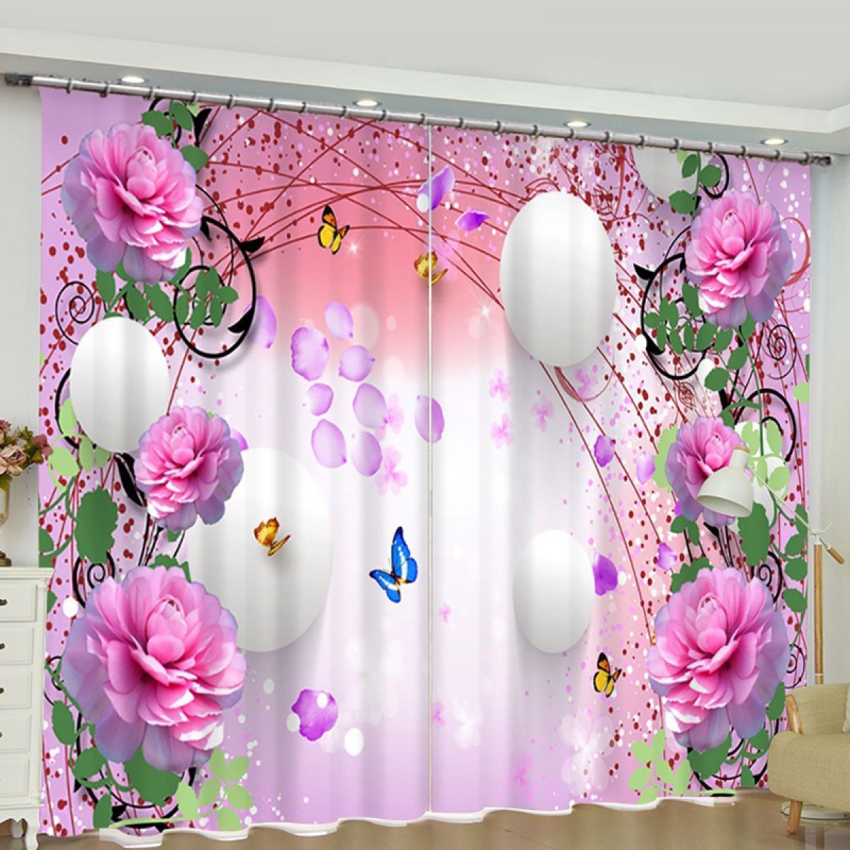 Purple Peonies And Butterflies Printed Window Curtain Home Decor