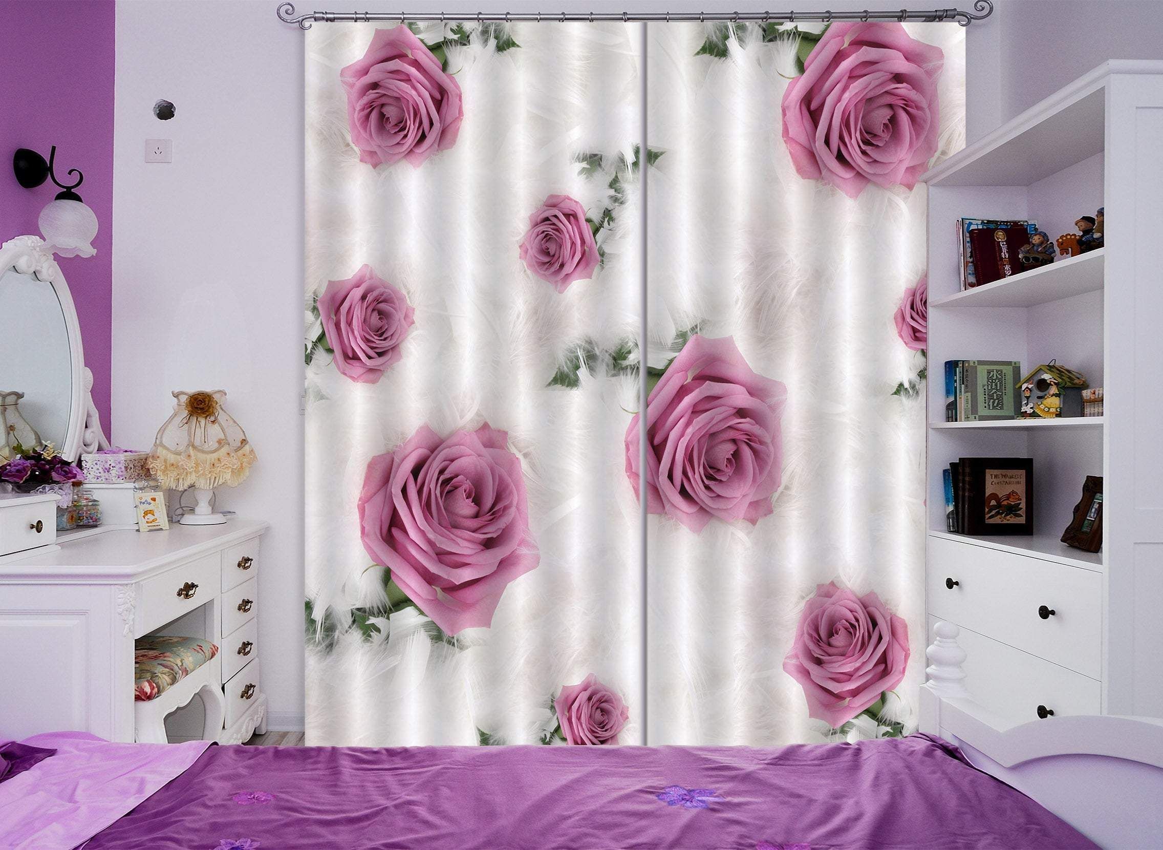 Purple Rose Motif White Background Printed Window Curtain