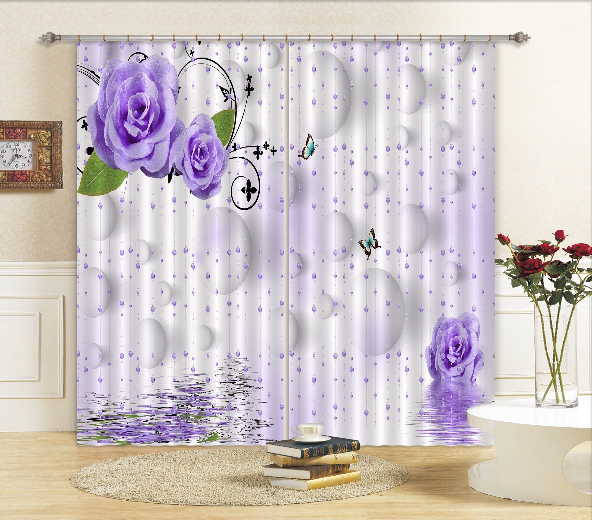 Purple Rose Pattern Butterflies Printed Window Curtain