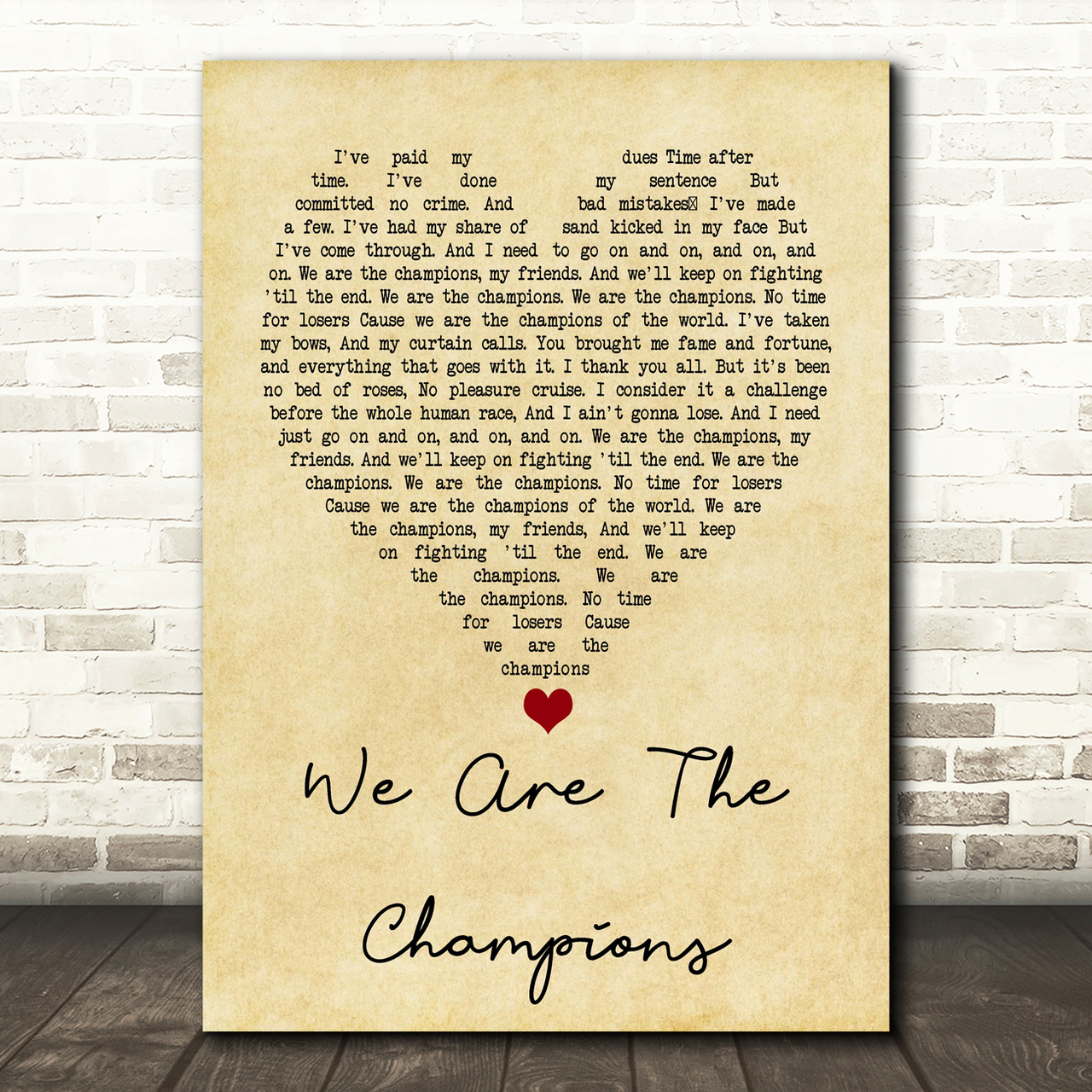 Queen We Are The Champions Vintage Heart Song Lyric Print