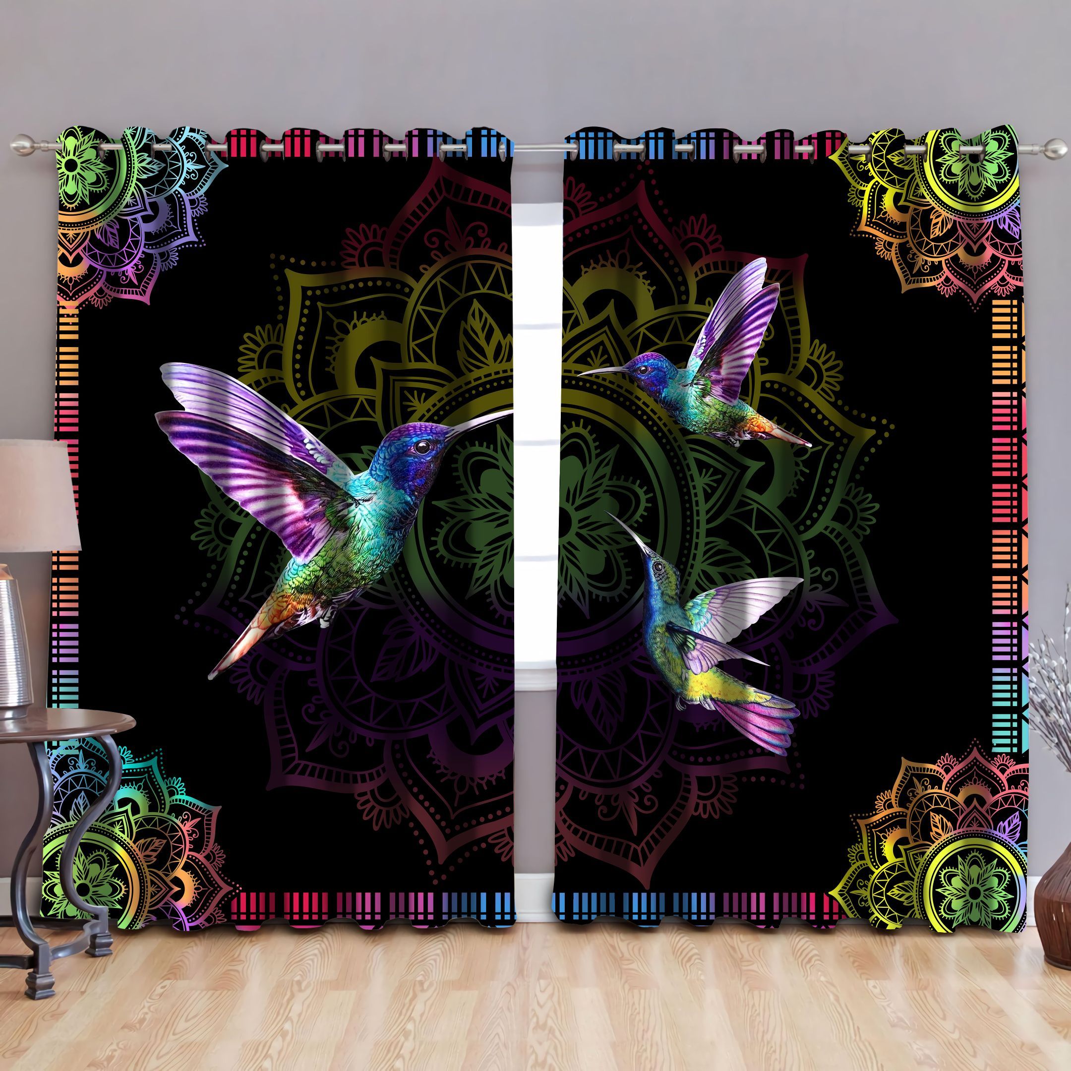 Rainbow Hummingbird Mandala Design Printed Window Curtain