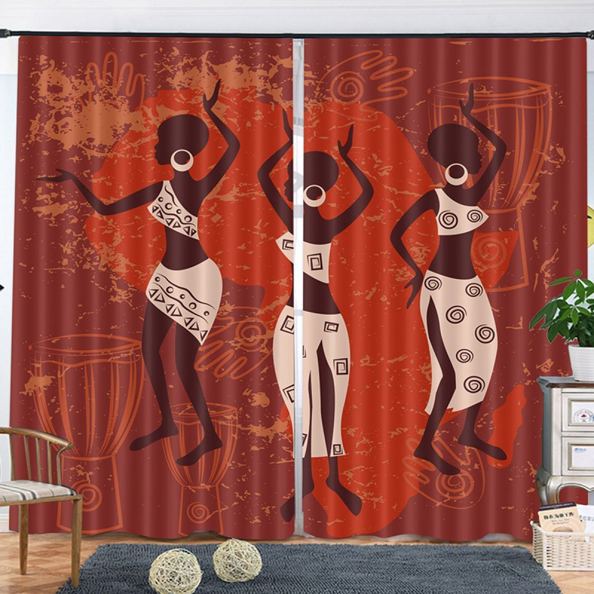 Red African Dance Printed Window Curtain Home Decor