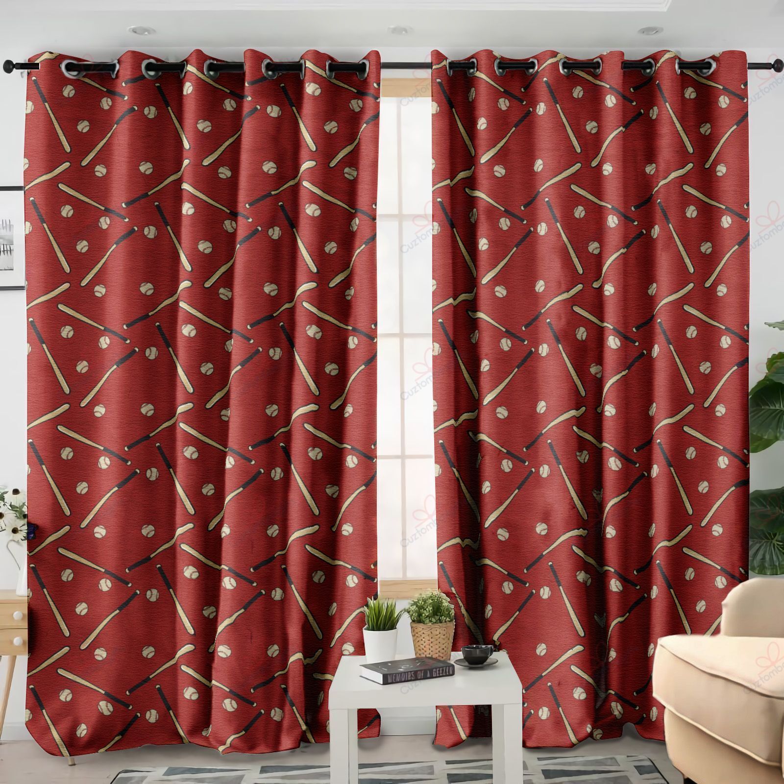 Red Baseball Pattern Printed Window Curtain Home Decor
