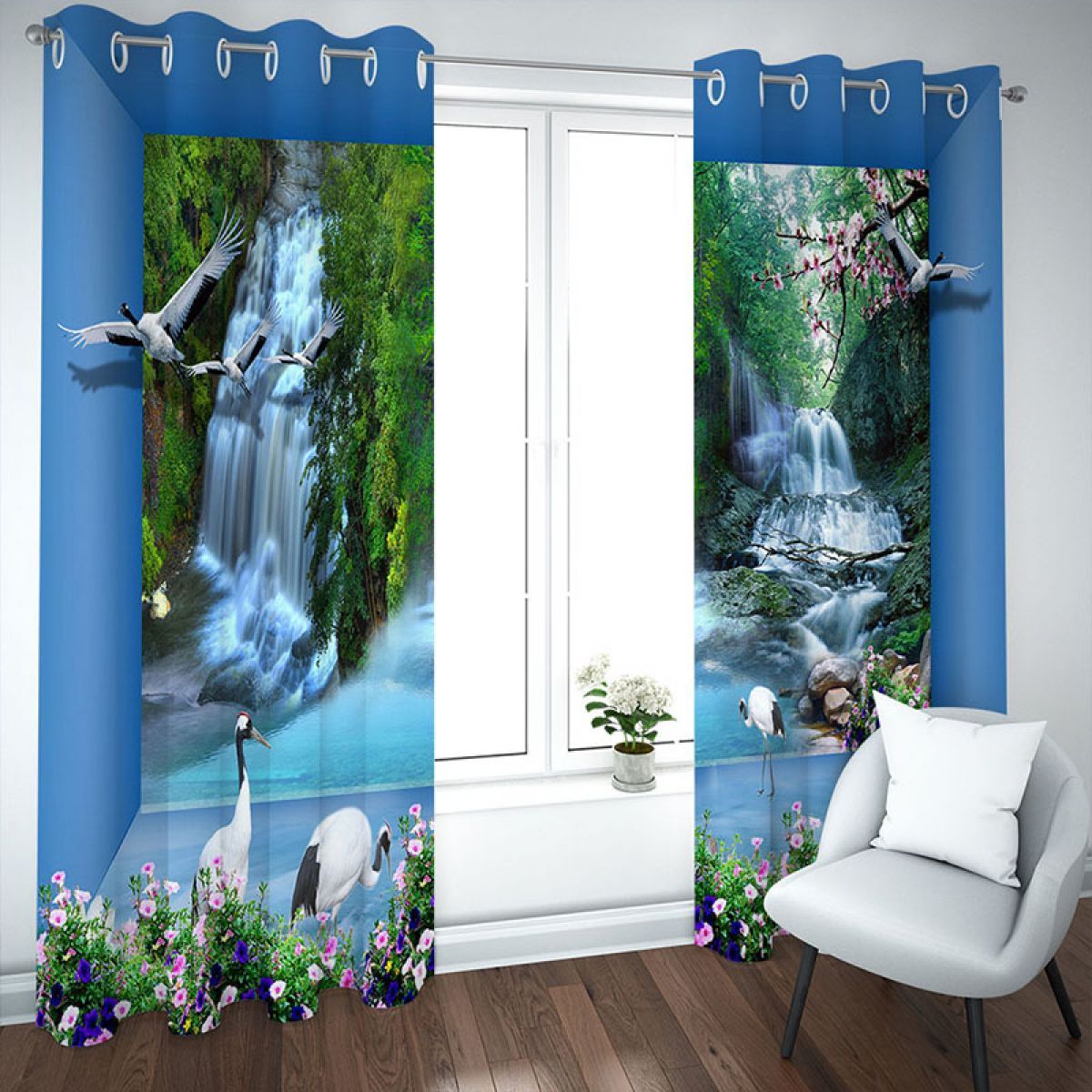 Red Crowned Cranes And Waterfall Printed Window Curtain Home Decor