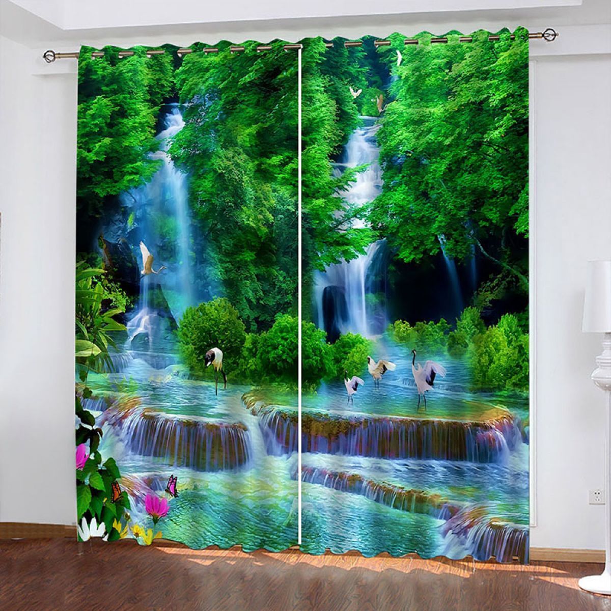 Red Crowned Cranes In The Forest Printed Window Curtain Home Decor