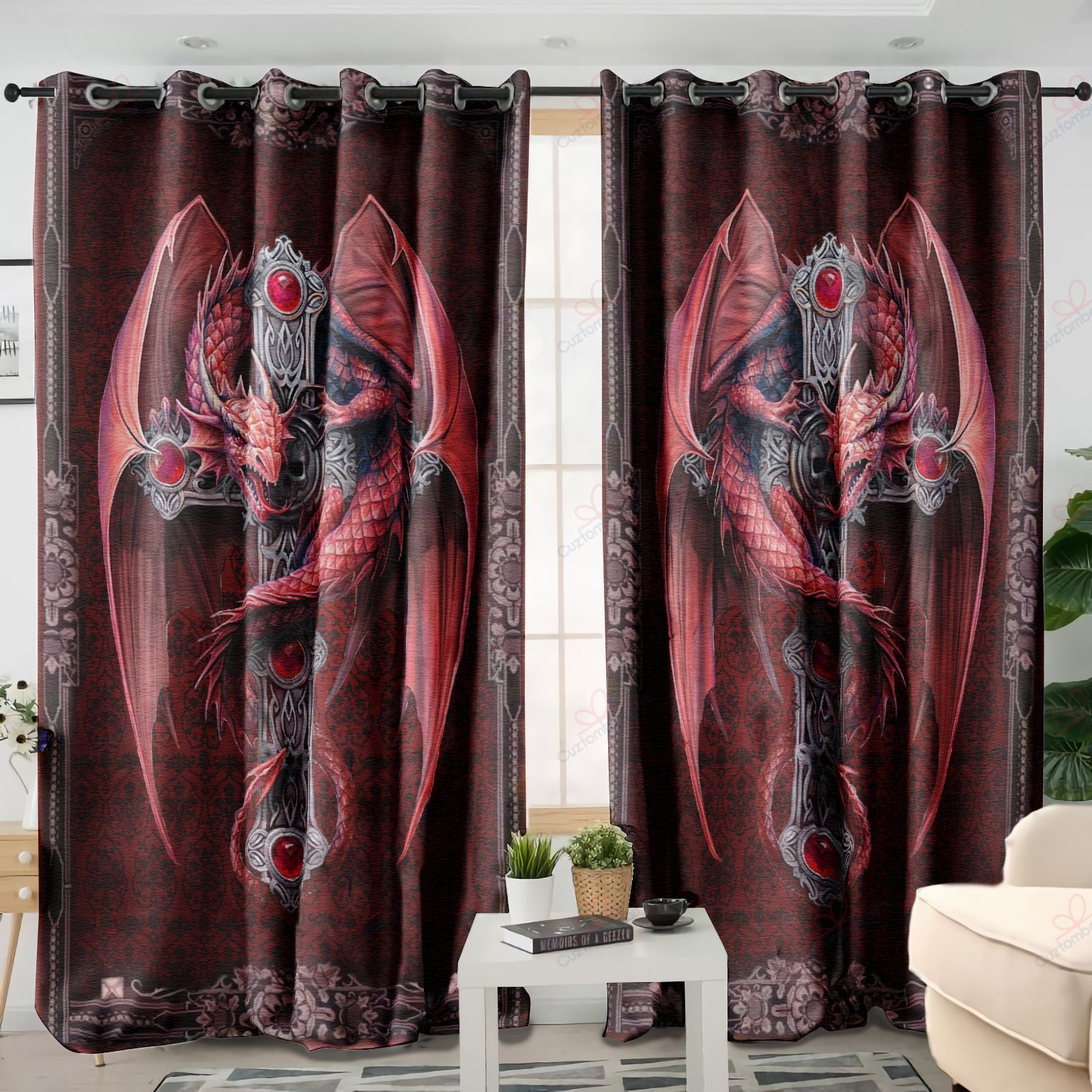 Red Dragon And Magic Sword Printed Window Curtain Home Decor