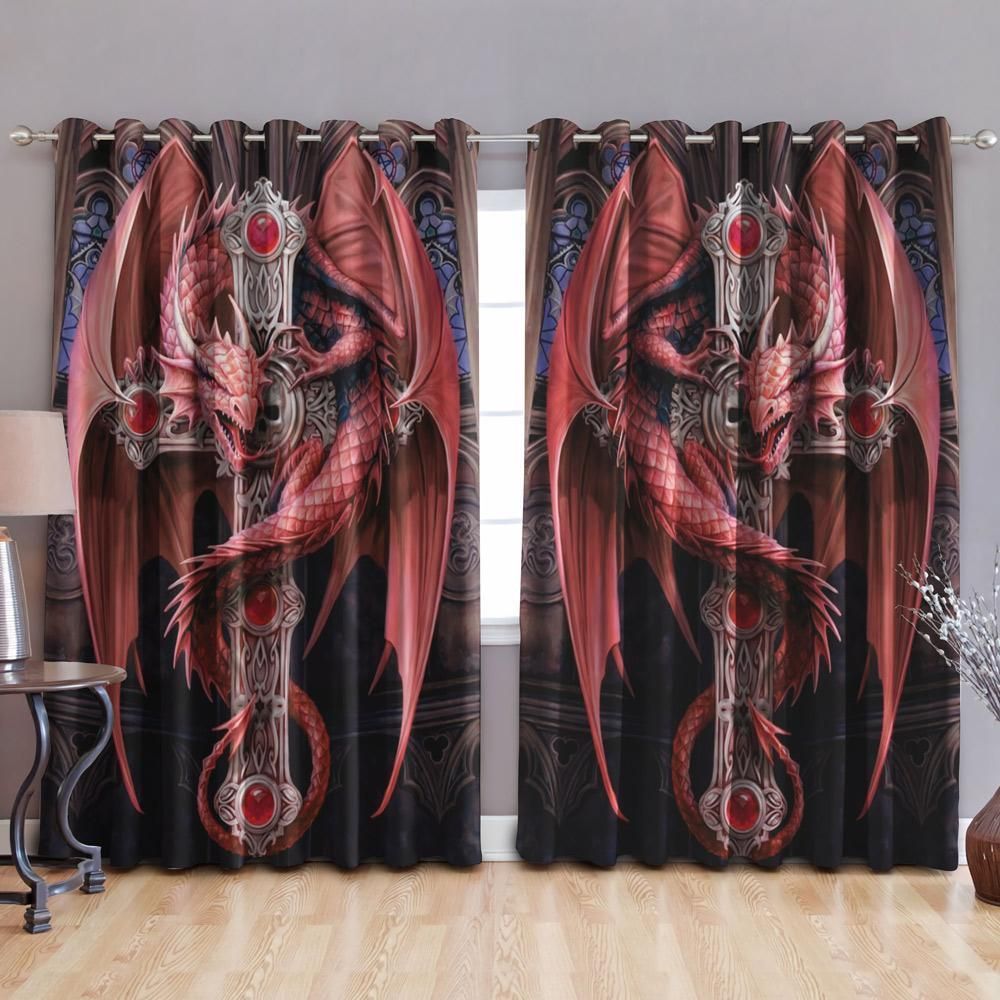 Red Dragon Holding The Cross Printed Window Curtain - Dragon Blackout Curtains