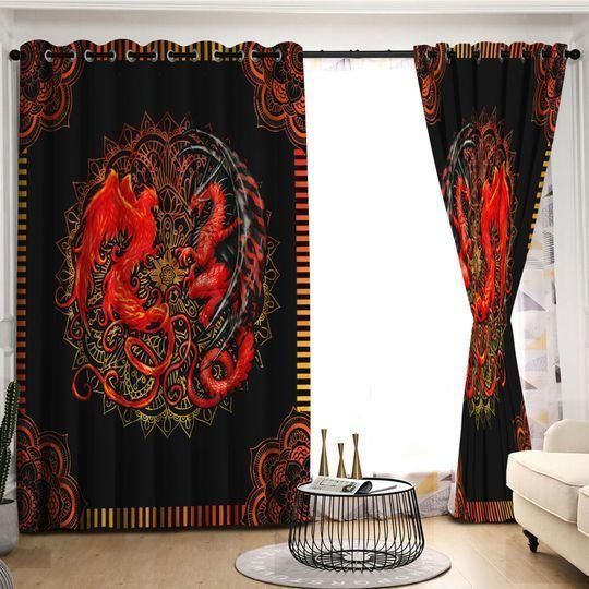 Red Dragon Mandala Design Printed Window Curtain