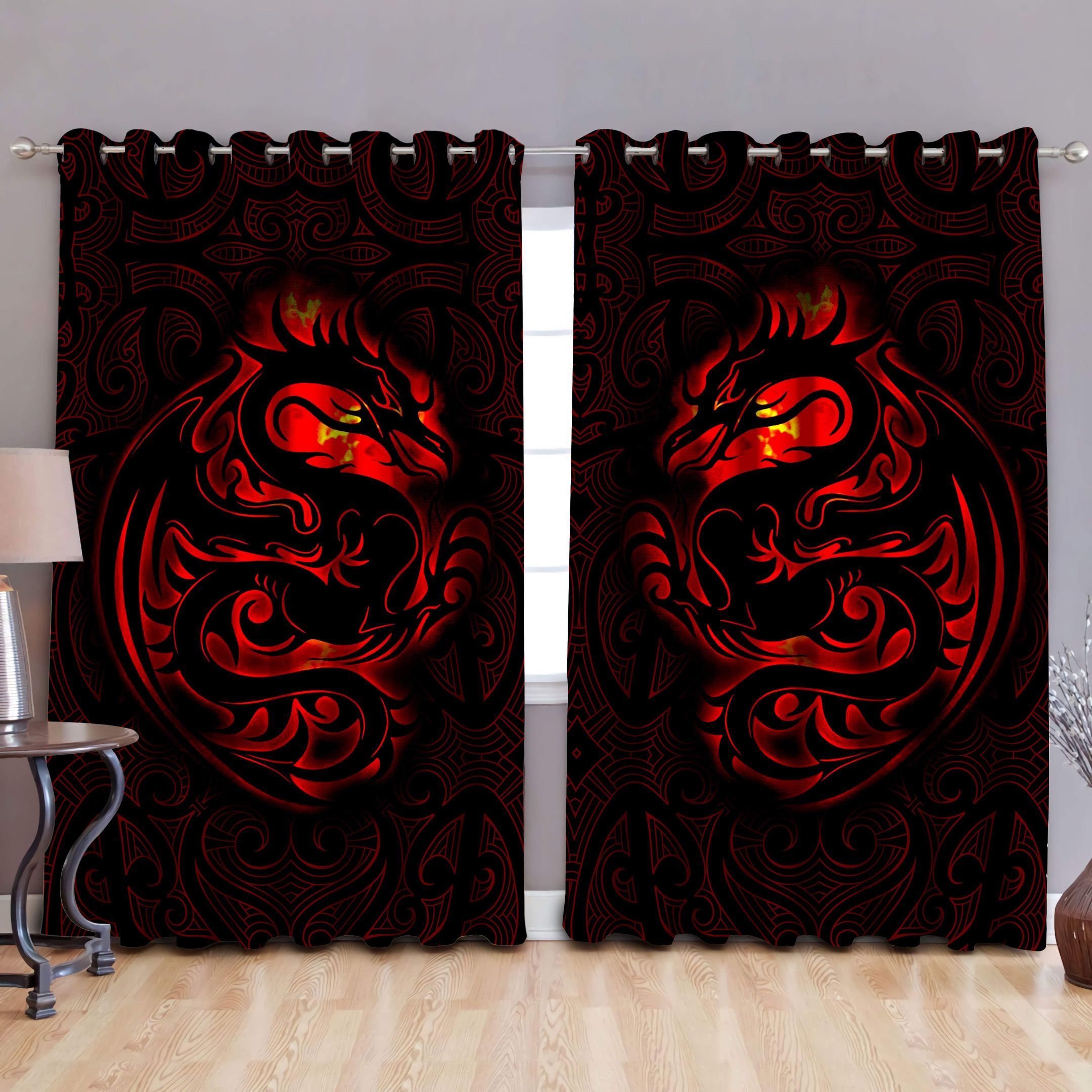 Red Dragon Tribal Tattoo Printed Window Curtain - Dragon Blackout Curtains