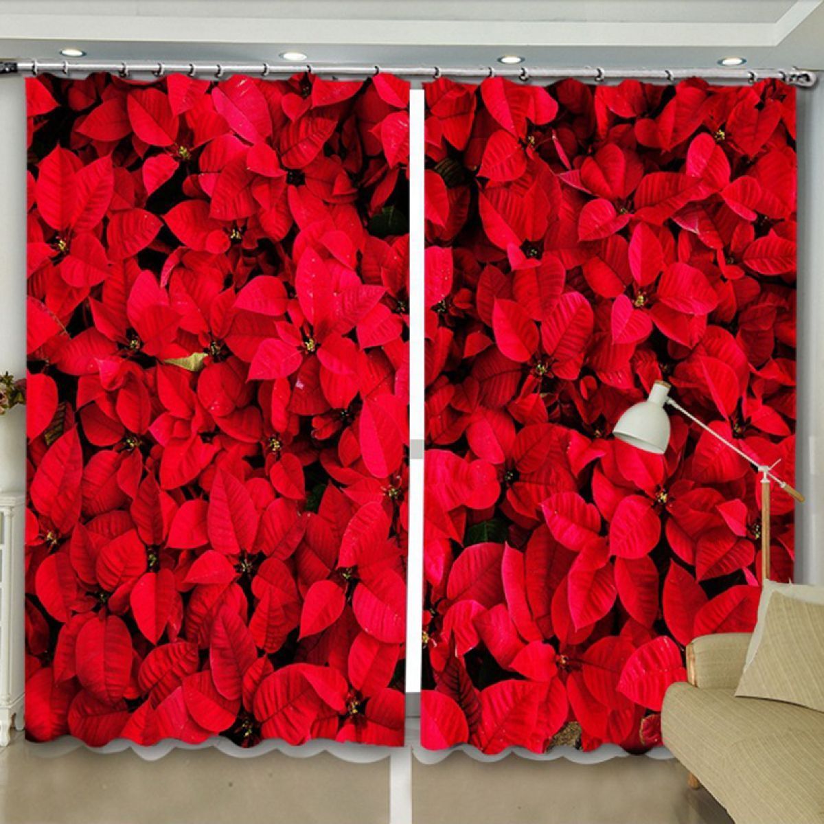 Red Flowers In Bloom Printed Window Curtain Home Decor