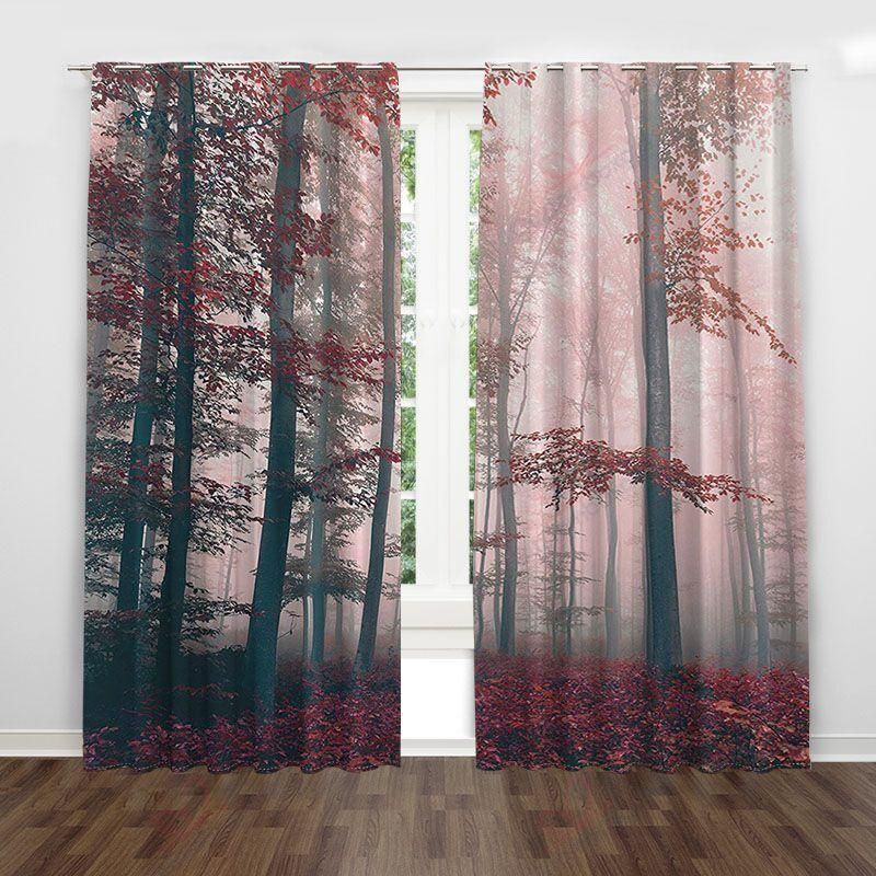 Red Leaf Brown Tree Printed Window Curtain Home Decor