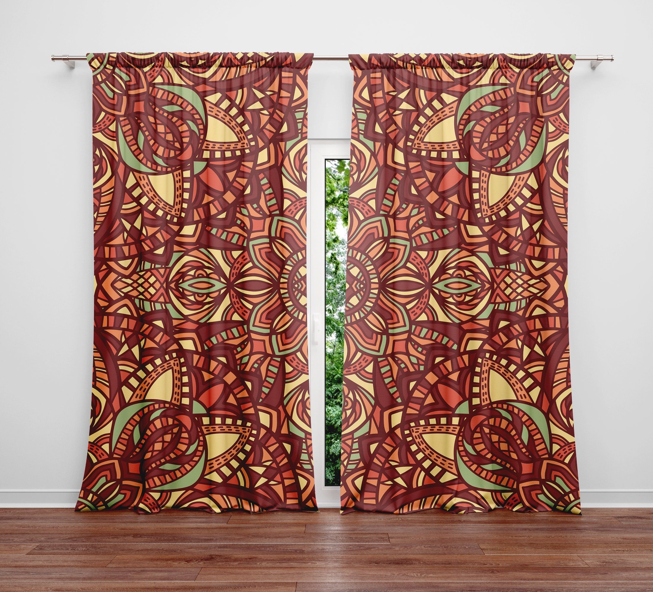 Red Mandala Geometric Pattern Printed Window Curtain