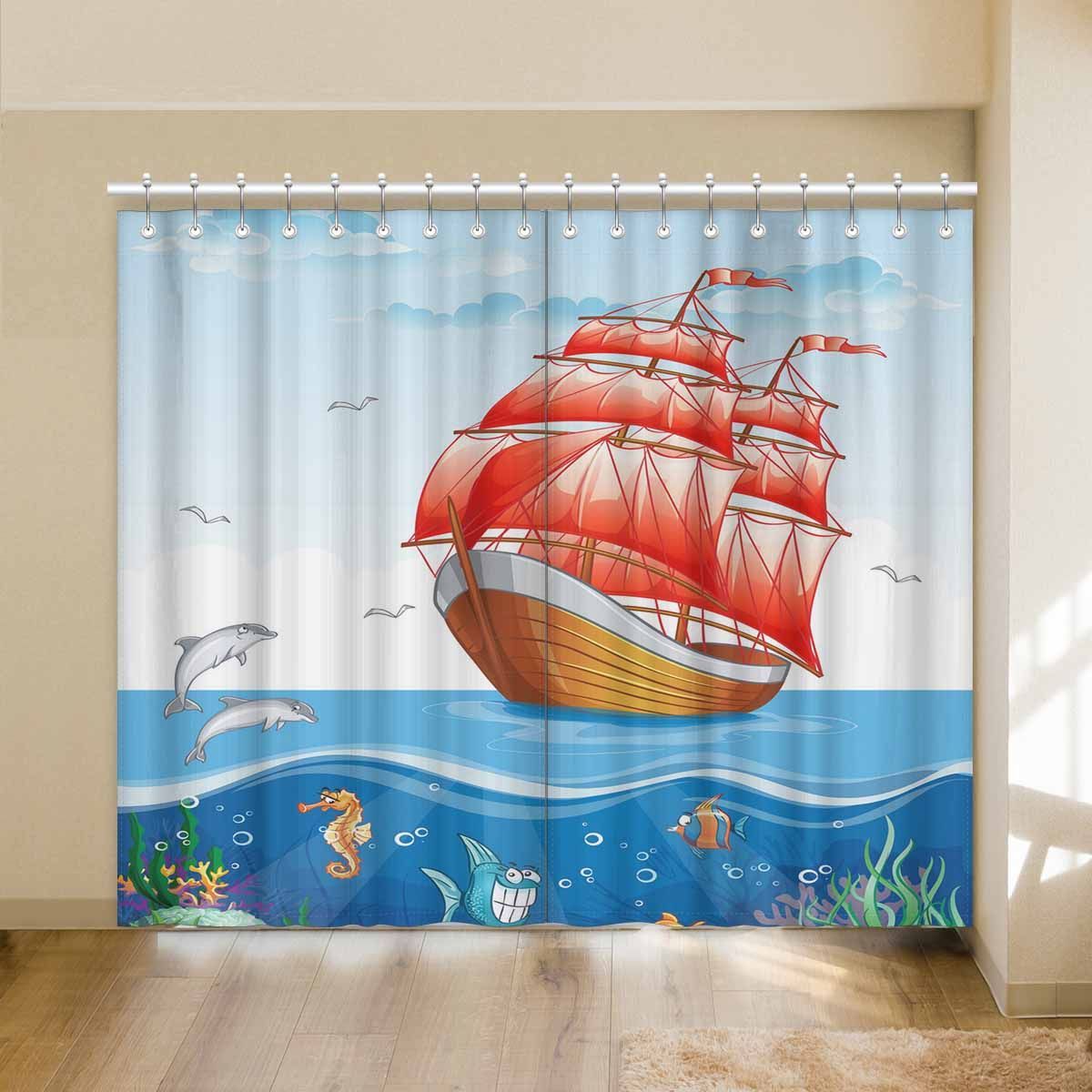 Red Sailboat Seaworld Printed Window Curtain