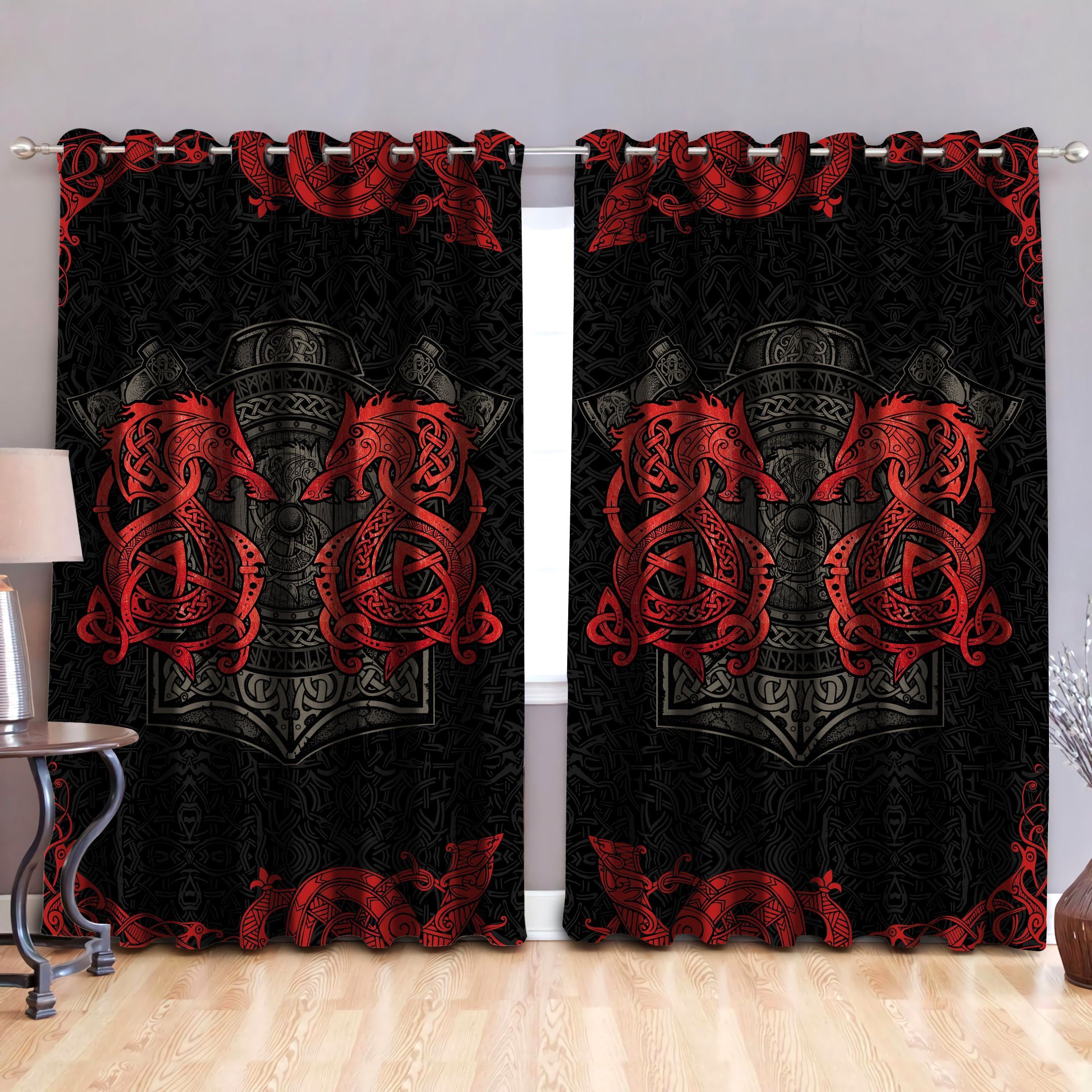 Red Viking Dragon Black Background Printed Window Curtain - Dragon Blackout Curtains