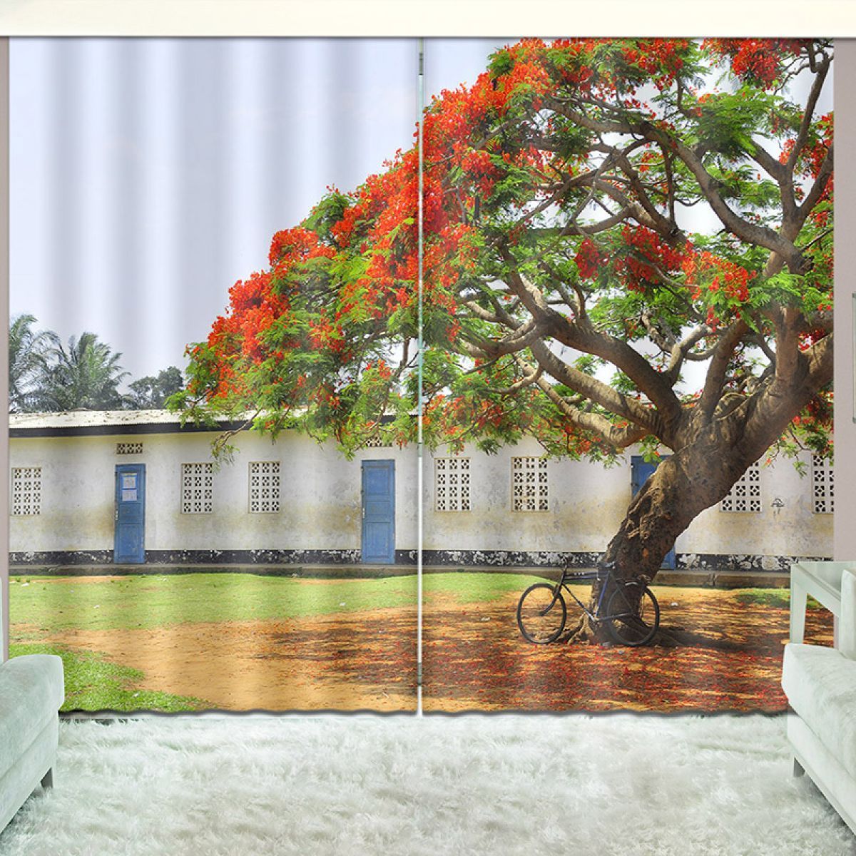 Red Yellow Tree And House Printed Window Curtain Home Decor