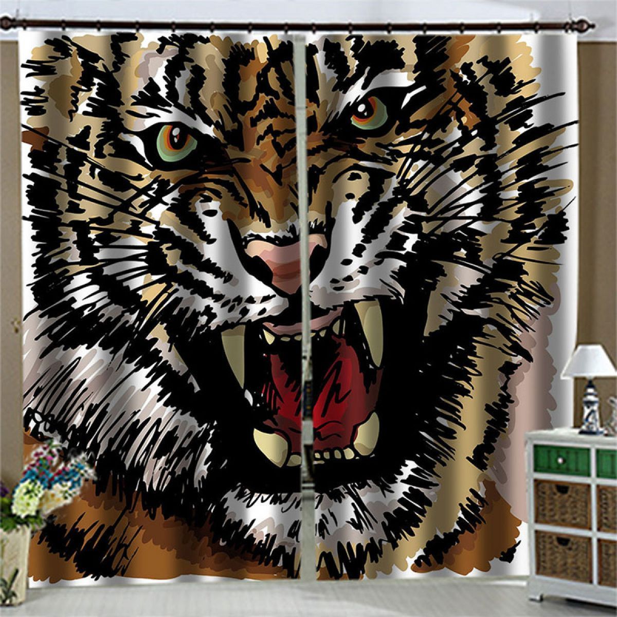 Roaring Tiger Painting Printed Window Curtain Home Decor